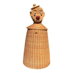 Mid-Century Wicker Rattan Clown Basket Clothes Hamper or Planter, circa 1950s