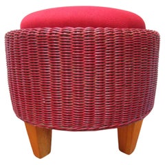 Mid Century Wicker Rattan Ottoman in Red with Wooden Legs