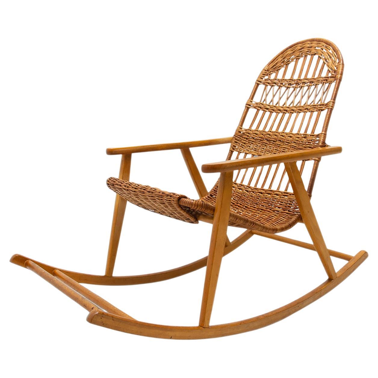 Mid-Century Wicker Rocking Chair, Czechoslovakia, 1970's For Sale