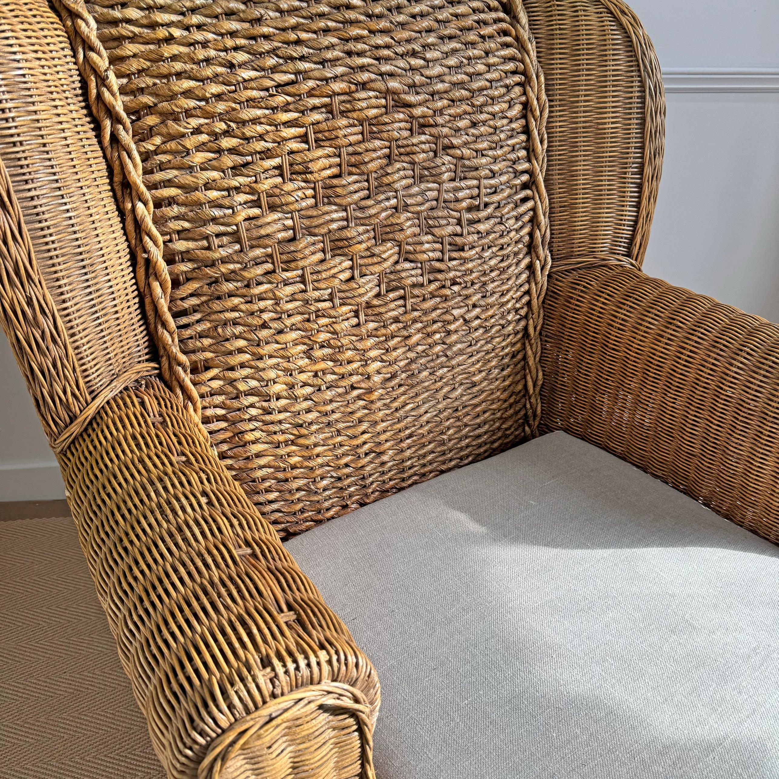 Mid Century Wicker Wing Back Armchair For Sale 4