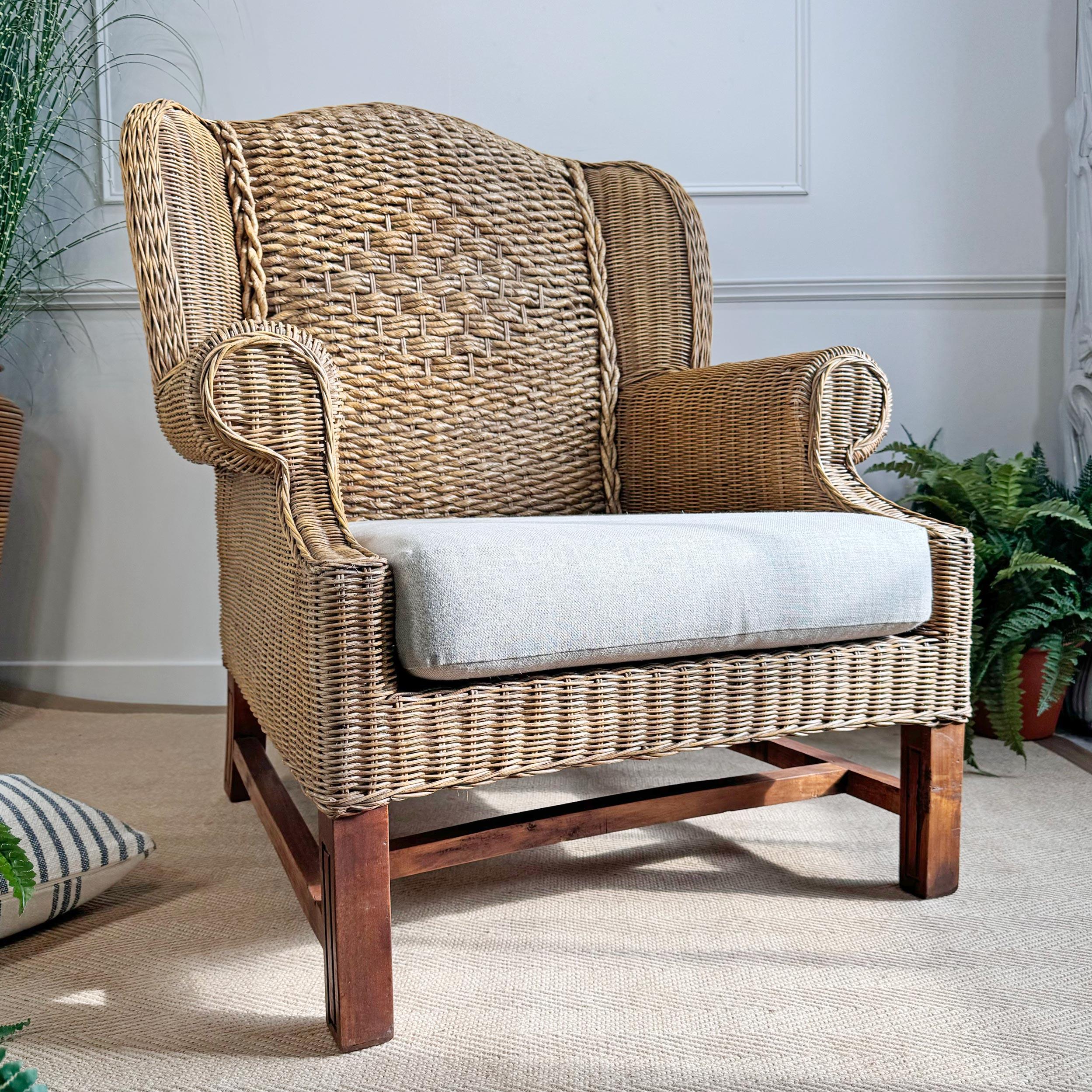 Mid Century Wicker Wing Back Armchair For Sale 5
