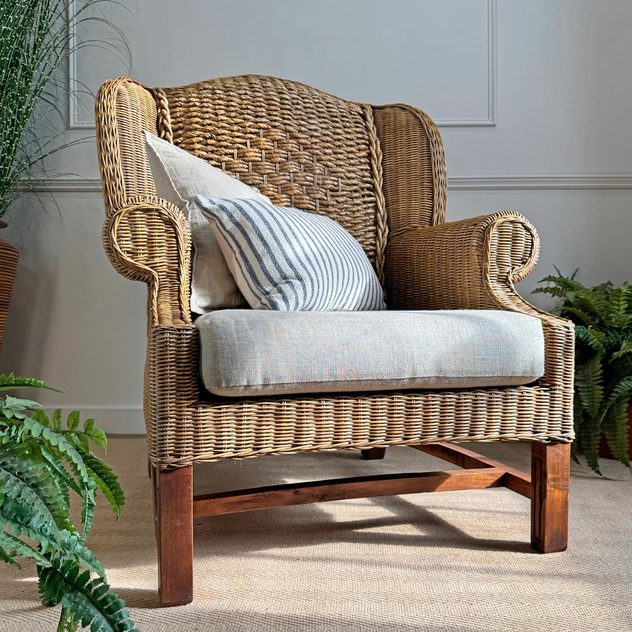 Mid-Century Modern Mid Century Wicker Wing Back Armchair For Sale