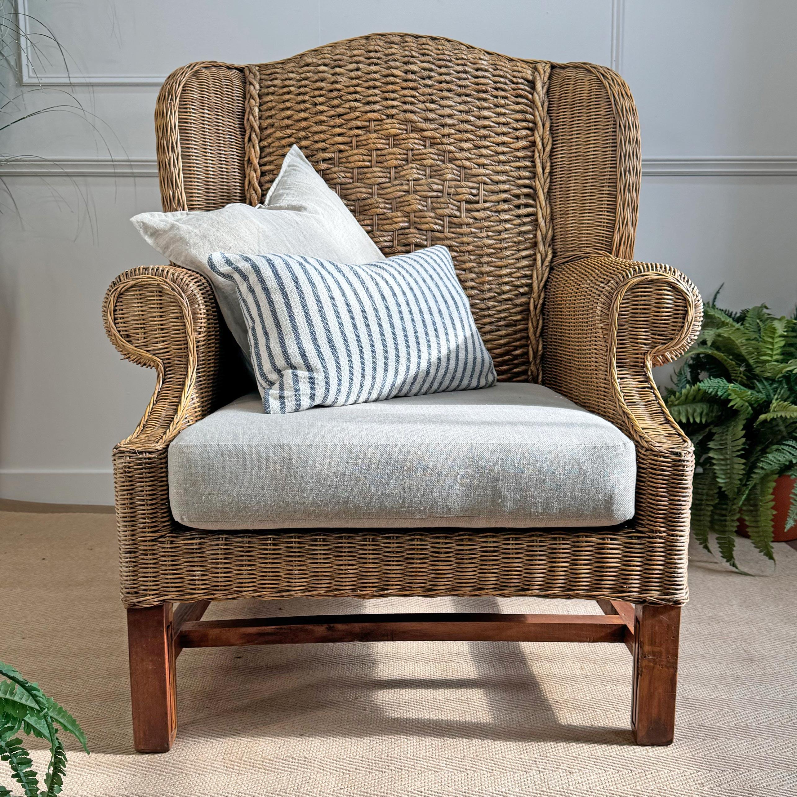 Hand-Woven Mid Century Wicker Wing Back Armchair For Sale