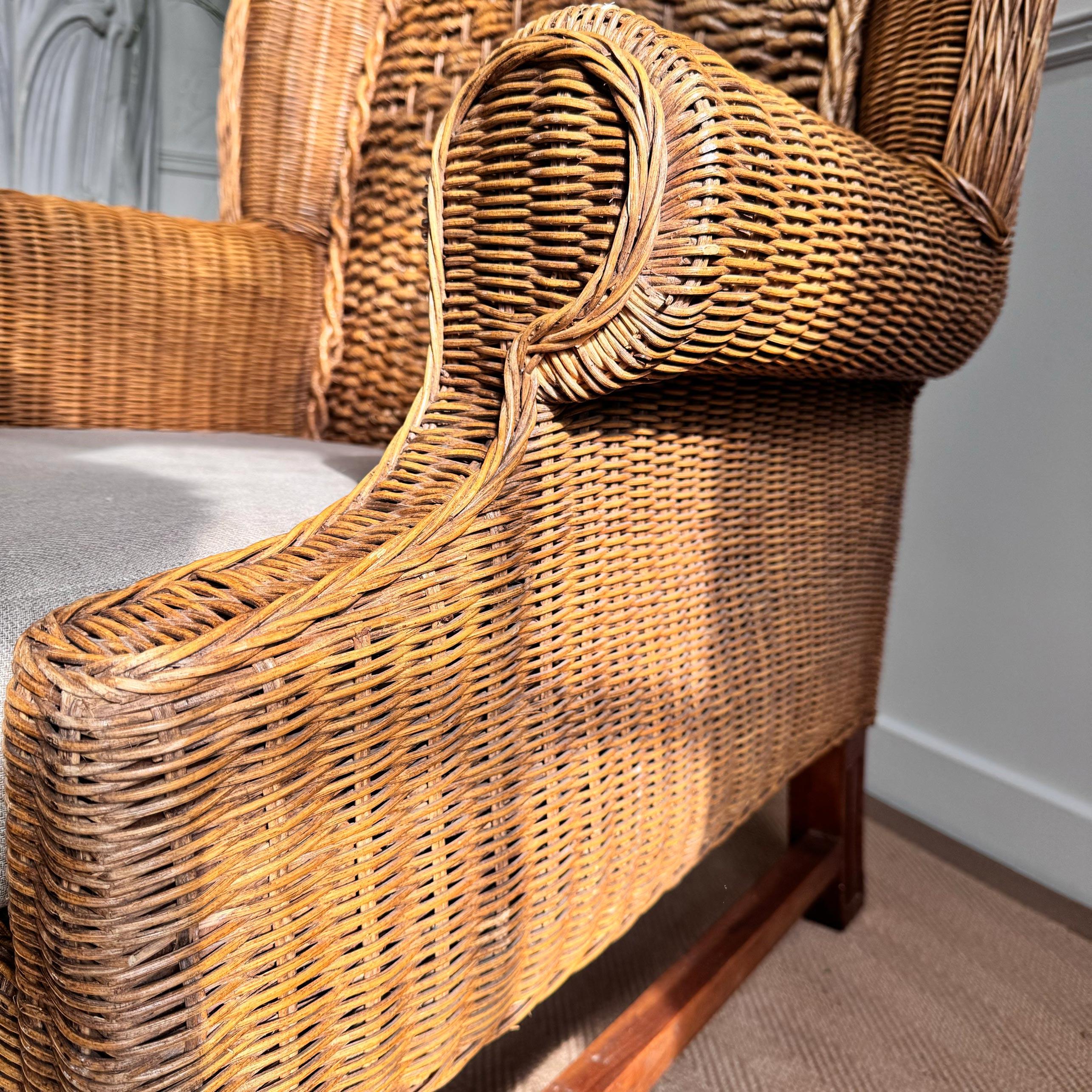 Mid Century Wicker Wing Back Armchair For Sale 1