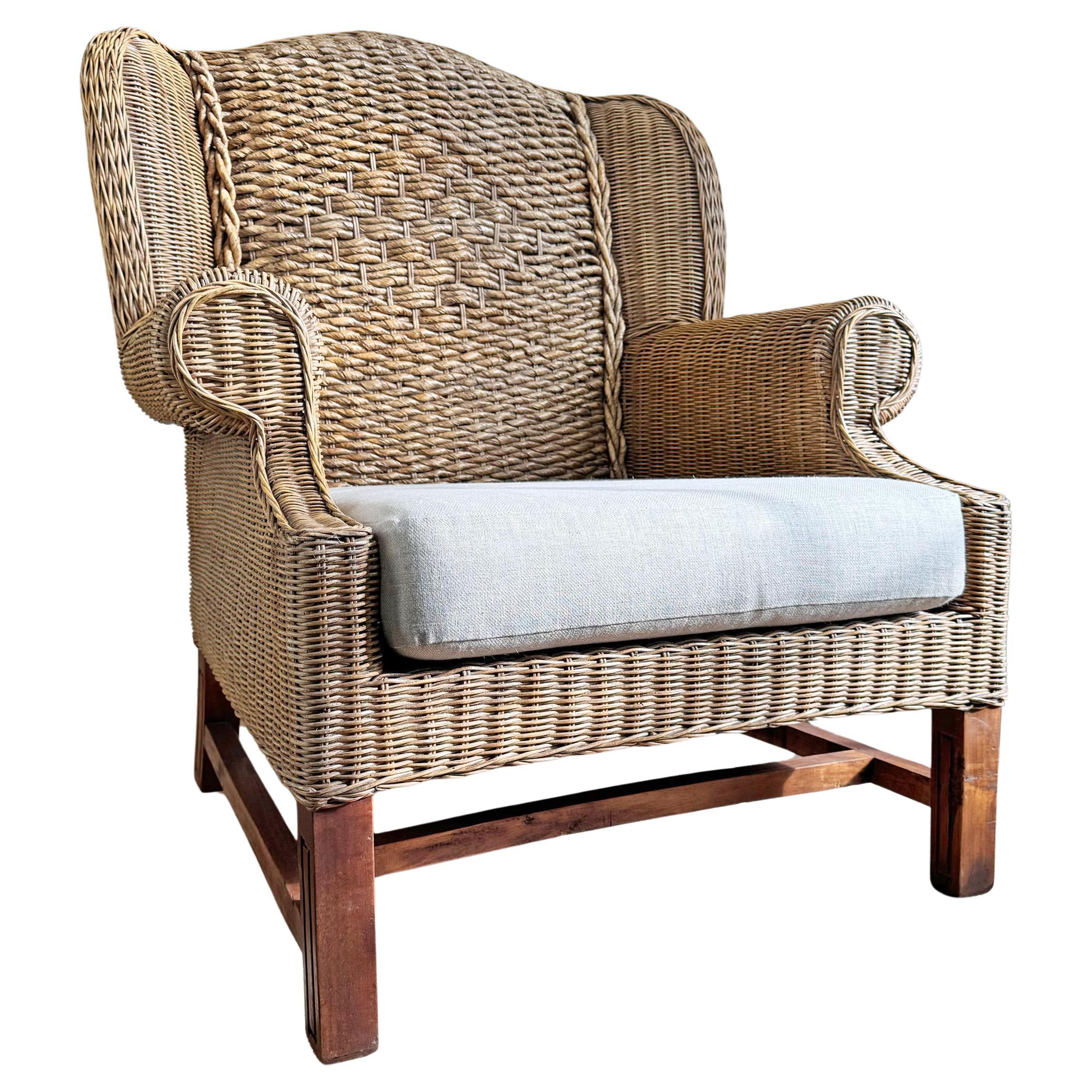 Mid Century Wicker Wing Back Armchair For Sale