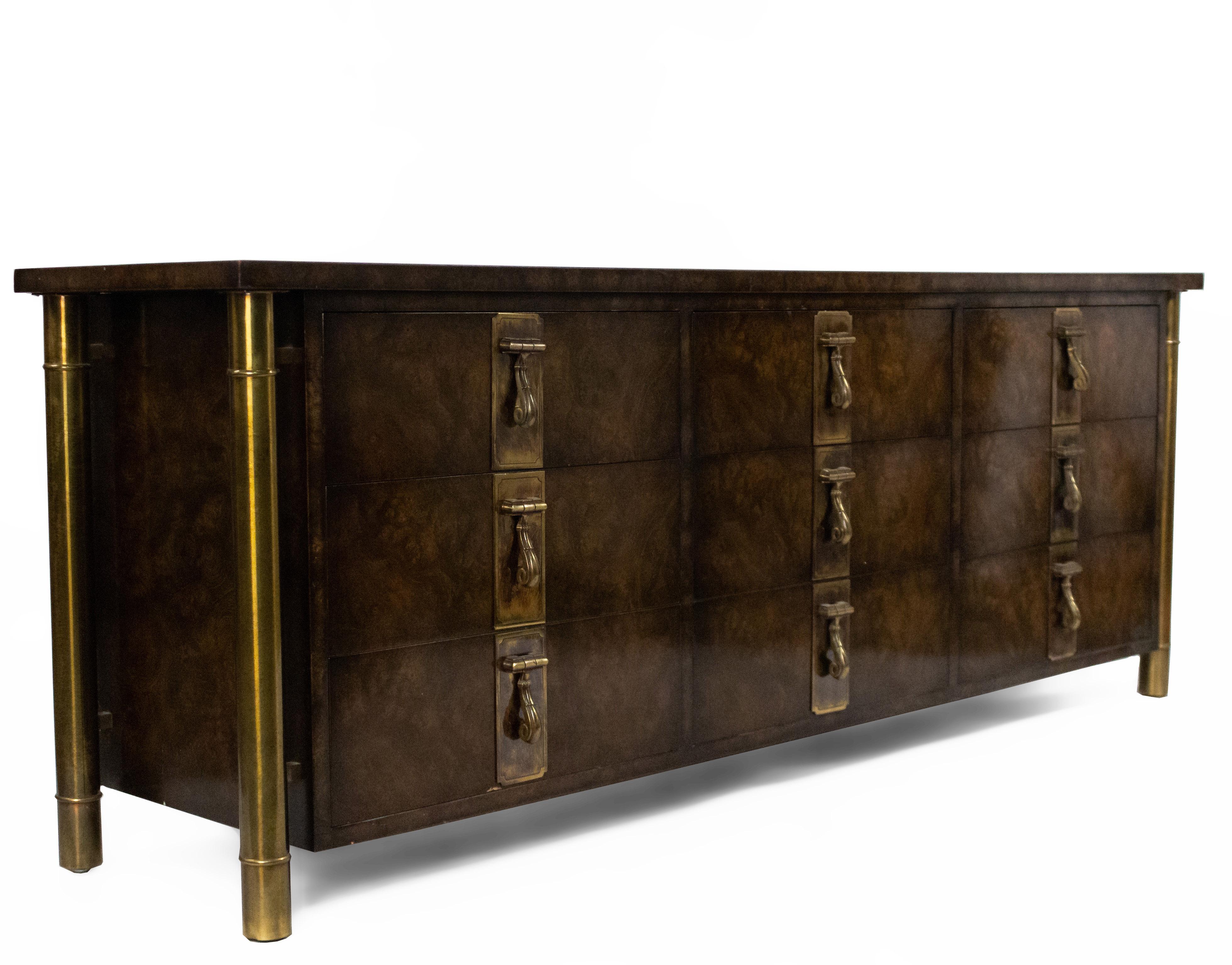 Mid-Century William Doezema for Mastercraft credenza in dark elm burl with 9 drawers, patinated brass drop pulls and cylindrical brass legs in the style of Bernhard Rohne.