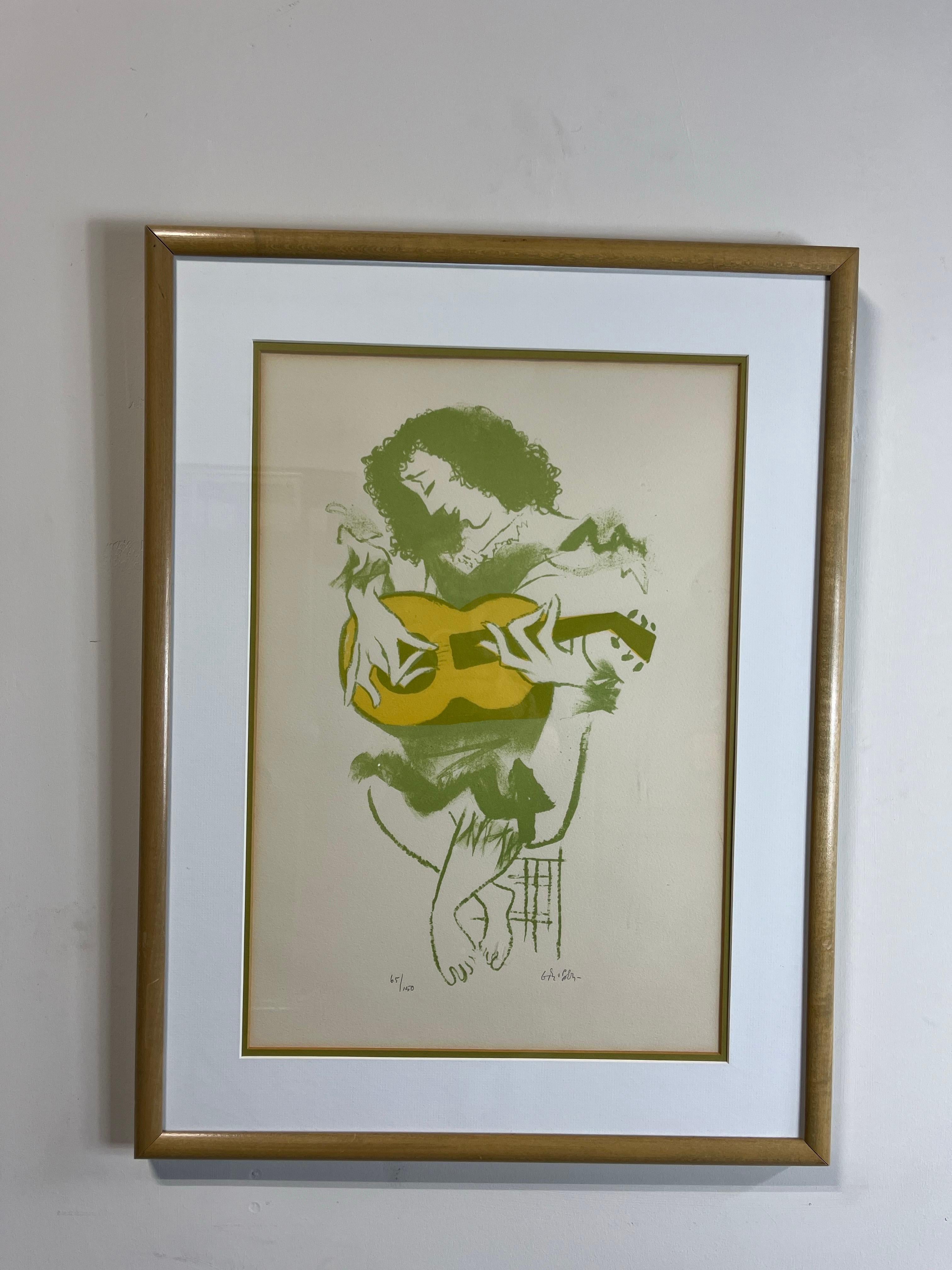Grabado vintage de William Gropper firmado y numerado. Gran pieza de época que representa a una mujer tocando la guitarra. 
