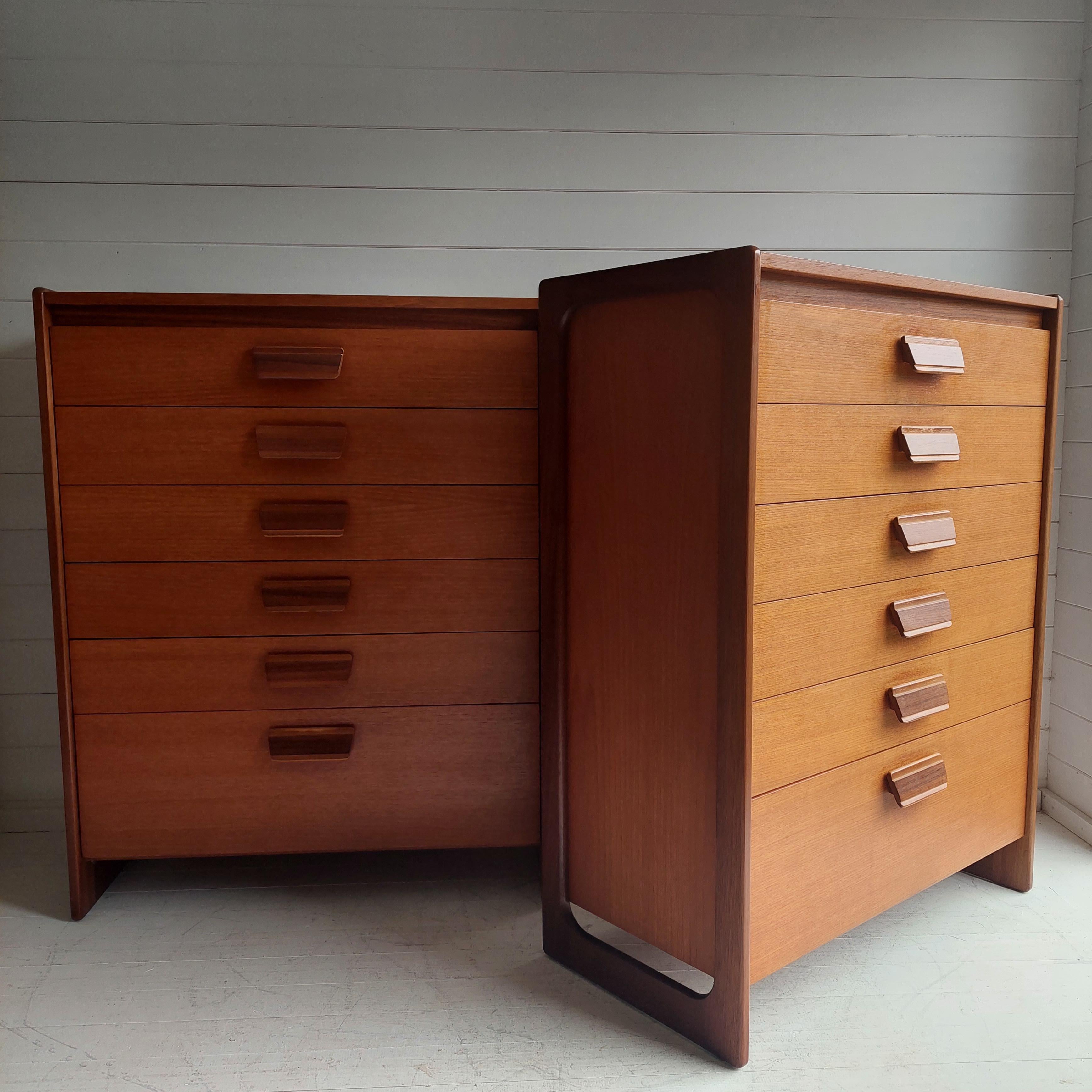 British Mid century William Lawrence teak chest of drawers tallboy set of 2, 60s