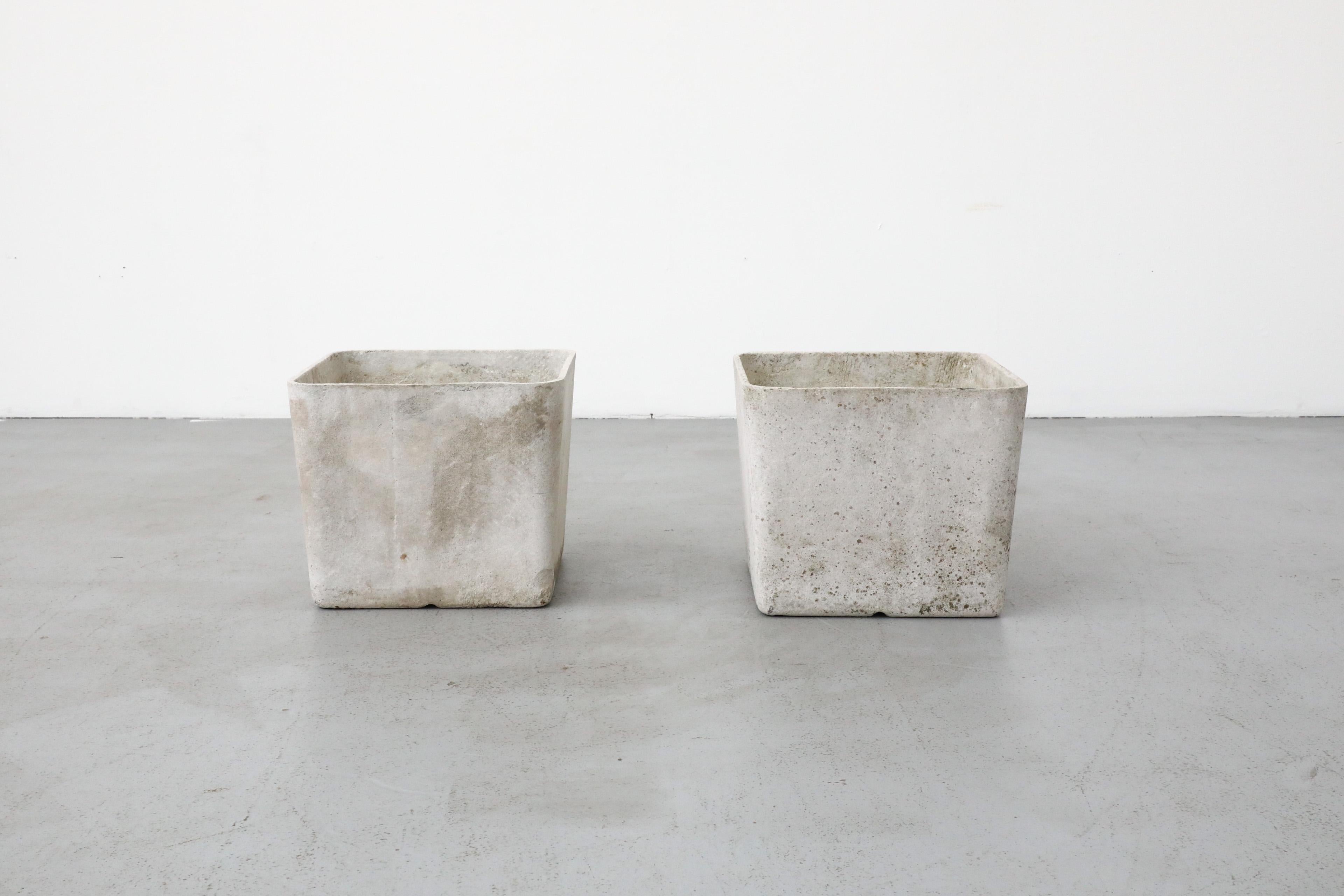 Mid-Century, Willy Guhl attributed minimalist, rounded square cement planters. Guhl (1915-2004), a Swiss modernist design pioneer, created iconic furniture such as the Eternit garden chair and Europe's first plastic shell chair and created seating,