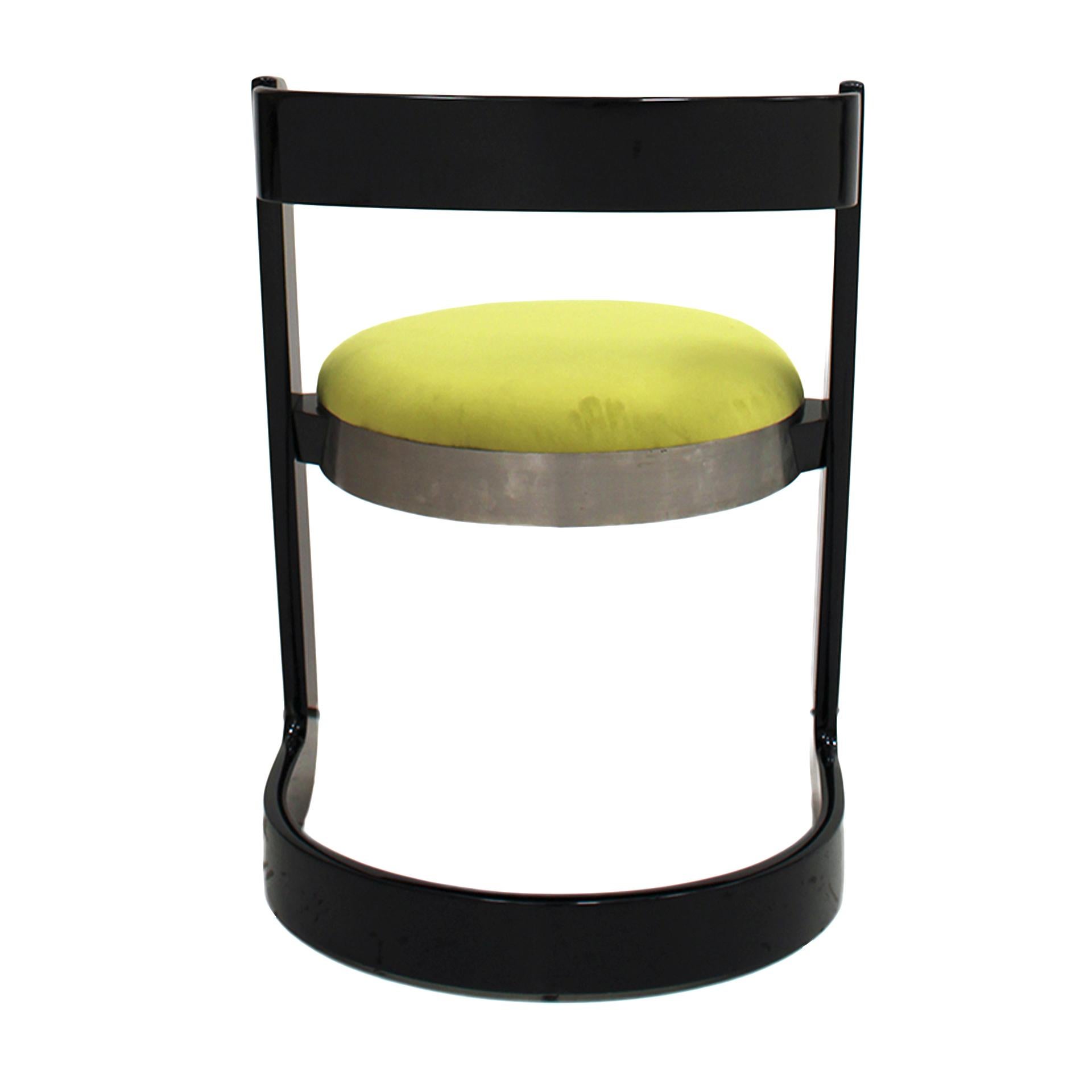 Steel Italian Chairs By Willy Rizzo For Mario Sabot, Black Lacquered and Green Velvet