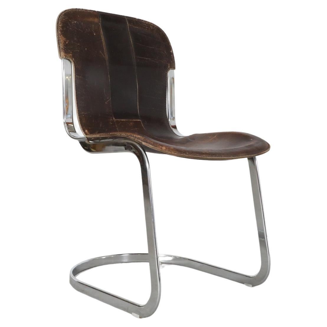 Mid-Century Willy Rizzo Steel and Leather Chair for Cidue, 1960s For Sale