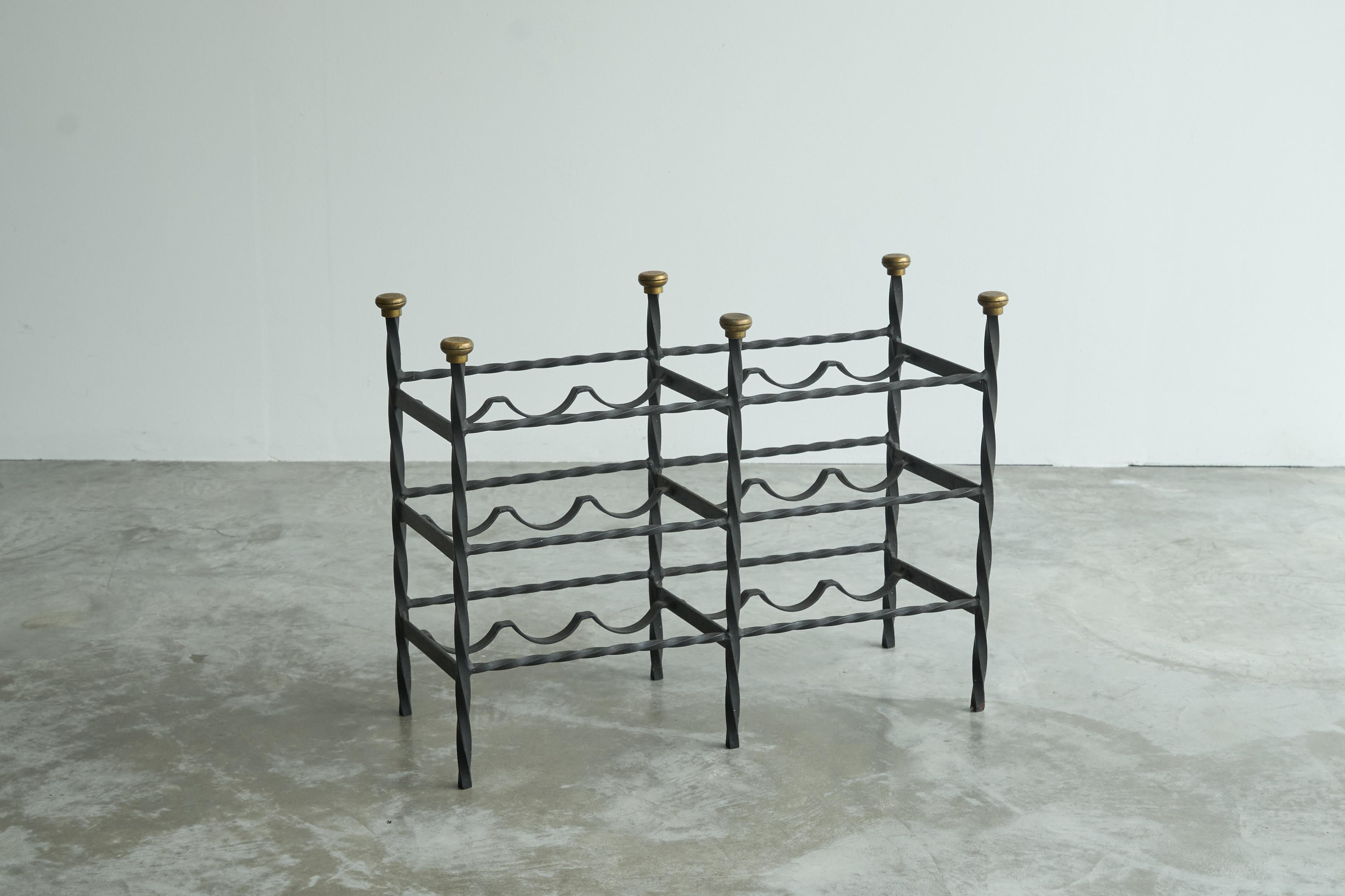 Ottone Mid Century Wine Rack in Wrought Iron Brass 1960s in vendita