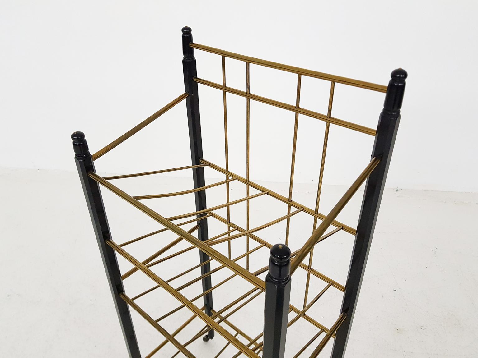 Midcentury Wine Rack Trolley or Cart in Black Wood and Brass, 1960s In Good Condition In Amsterdam, NL