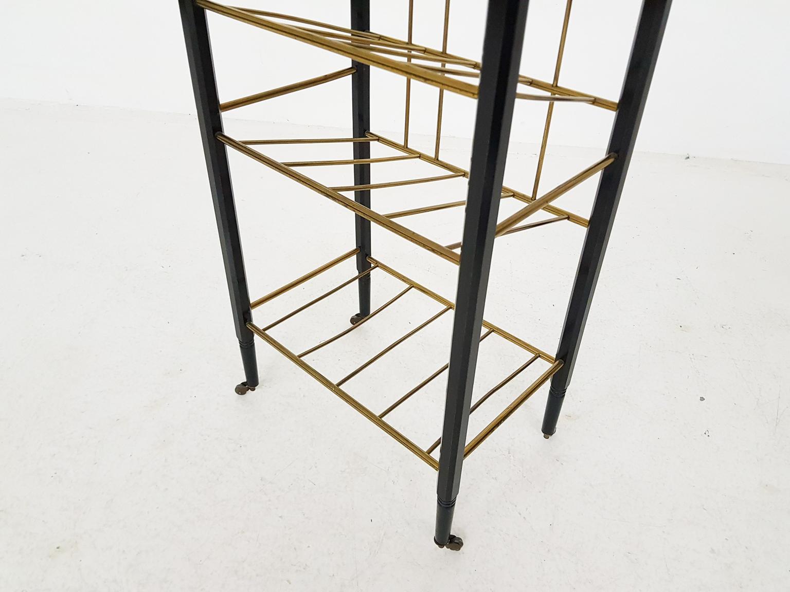 Midcentury Wine Rack Trolley or Cart in Black Wood and Brass, 1960s 1