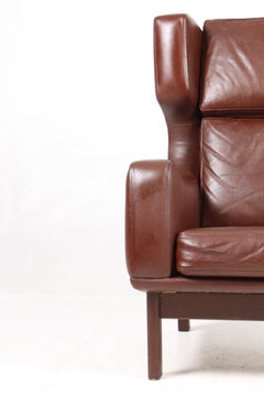 Midcentury Wing Back Chairs in Patinated Leather, Denmark, 1960s