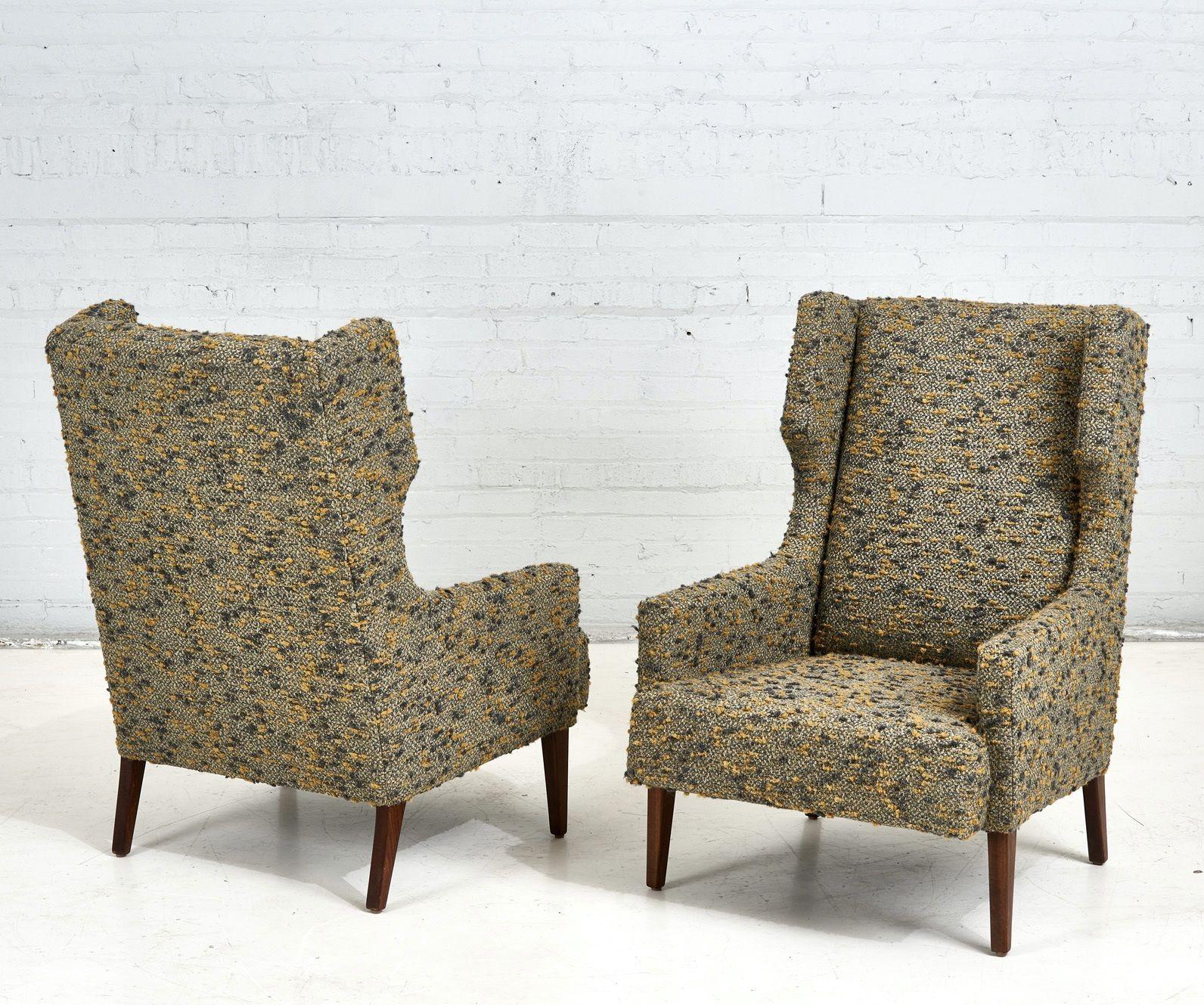 Mid-Century Modern Mid Century Dunbar Style Wing Back Lounge Chairs in Nubby Boucle, 1960 For Sale