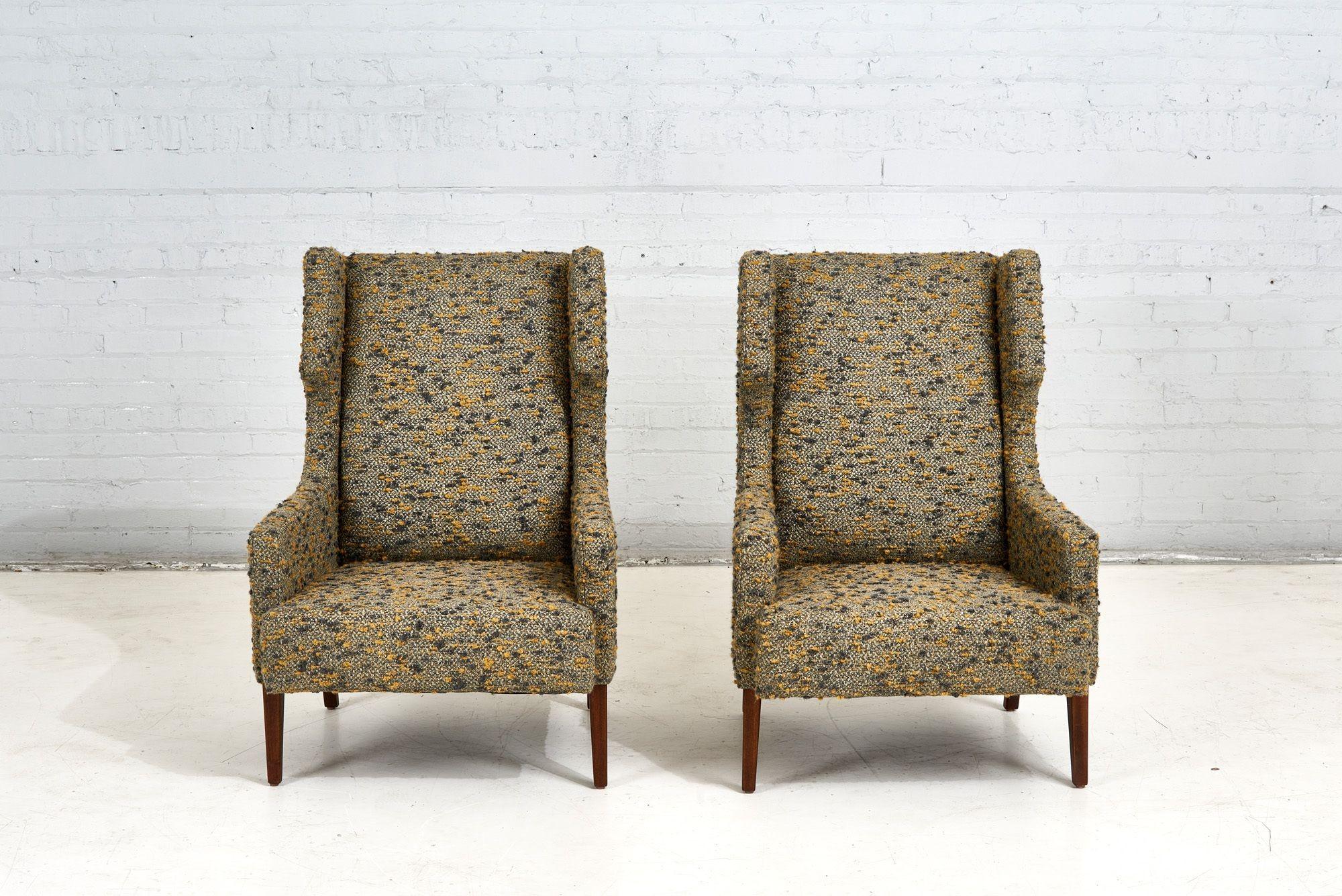 American Mid Century Dunbar Style Wing Back Lounge Chairs in Nubby Boucle, 1960 For Sale