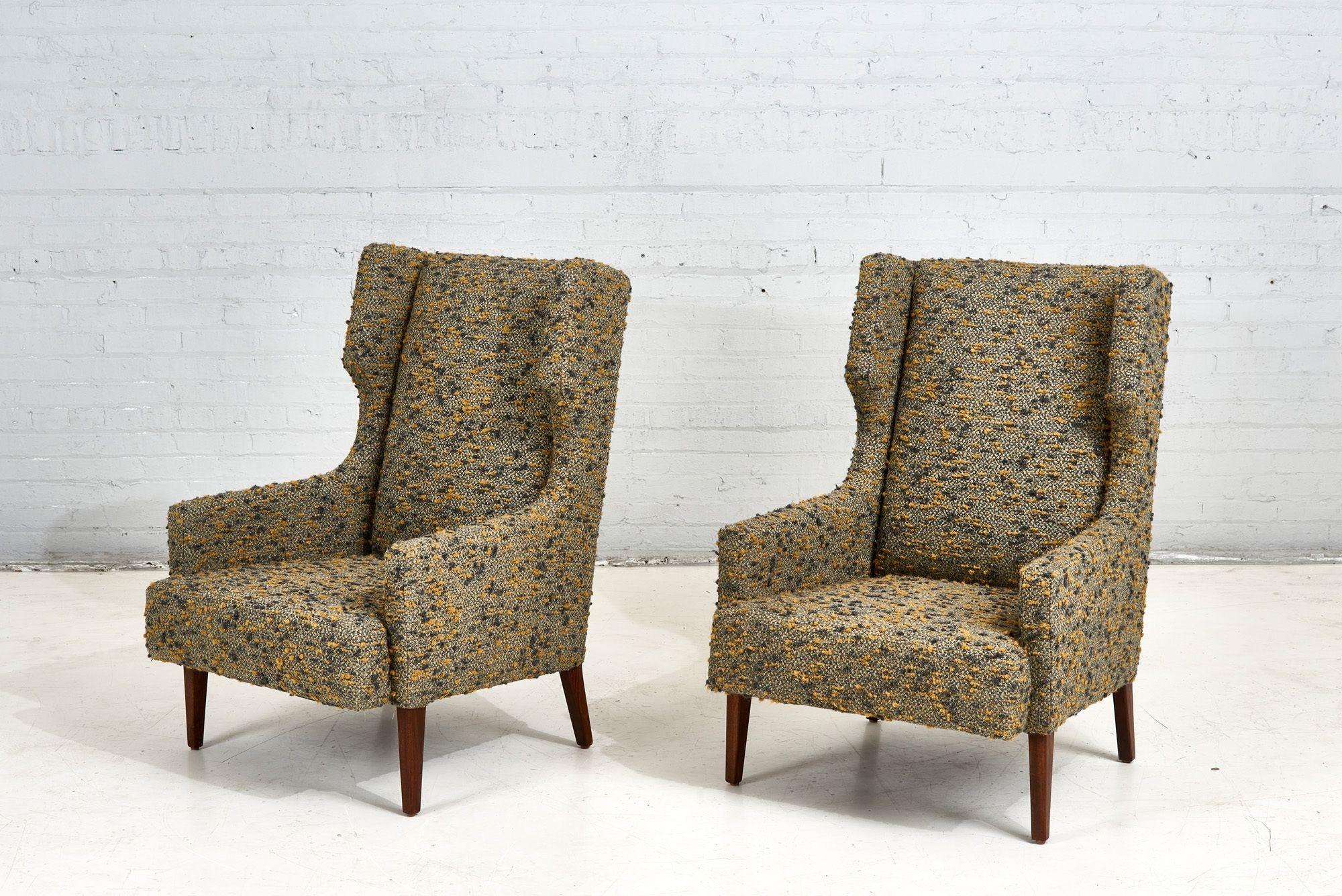 Mid-20th Century Mid Century Dunbar Style Wing Back Lounge Chairs in Nubby Boucle, 1960 For Sale