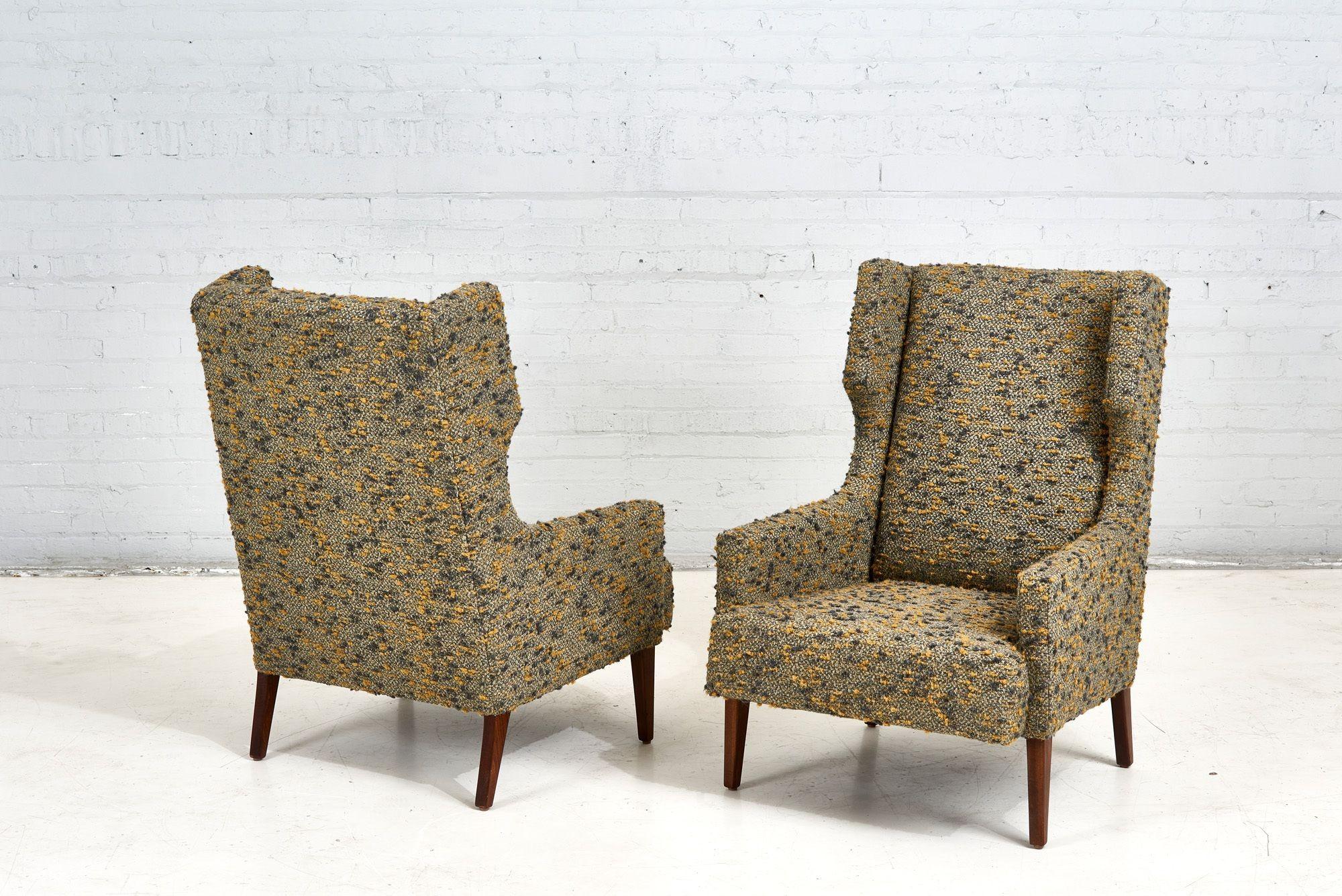 Bouclé Mid Century Dunbar Style Wing Back Lounge Chairs in Nubby Boucle, 1960 For Sale