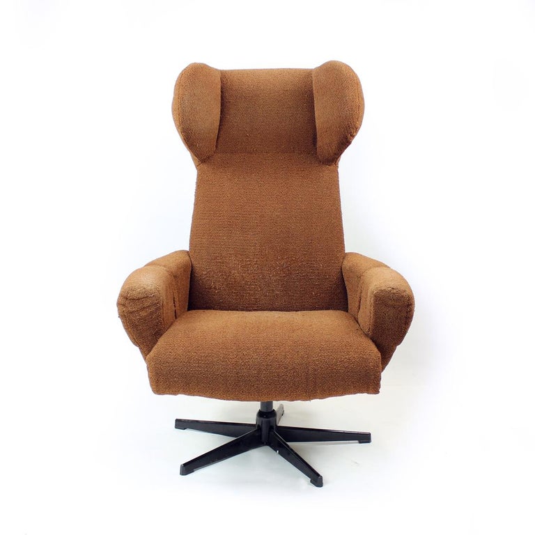 Midcentury Wing Swivel Chair in Brown Fabric, Czechoslovakia, 1960s For