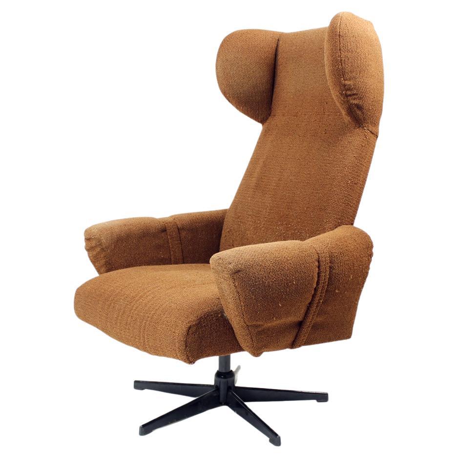 Midcentury Wing Swivel Chair in Brown Fabric, Czechoslovakia, 1960s For Sale