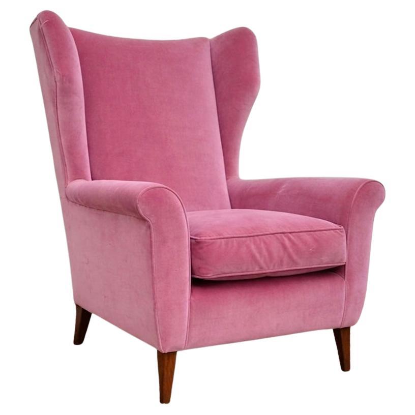 Poltrona Wingback di metà secolo in velluto rosa, English Taste