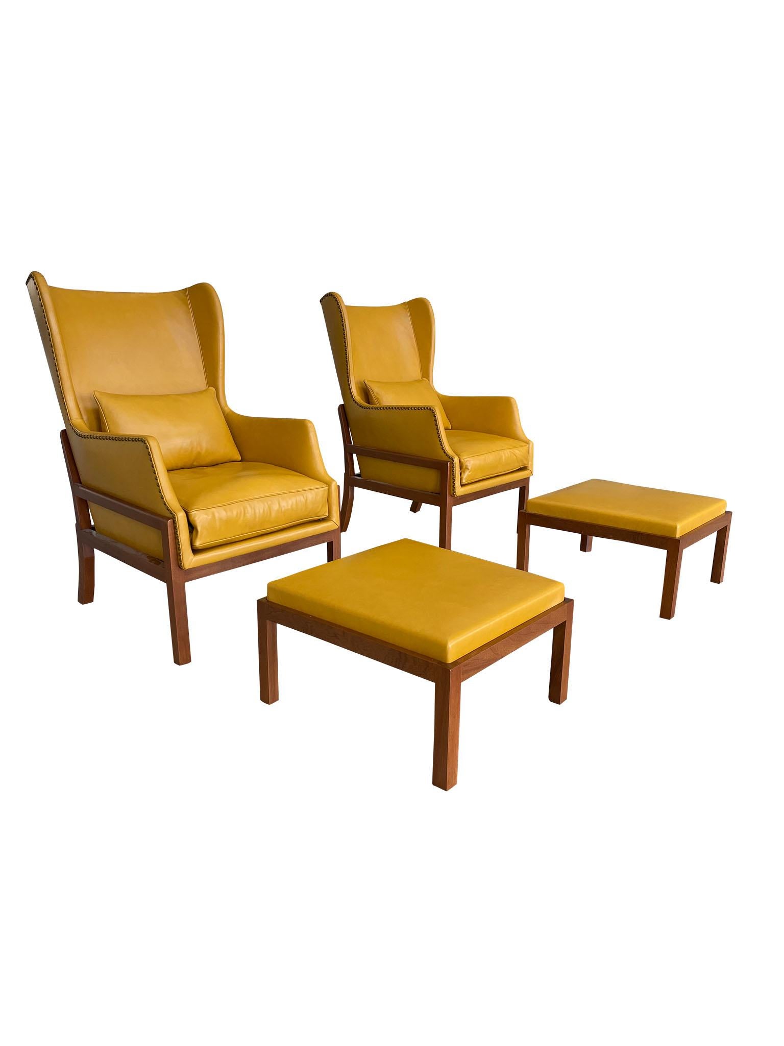 Scandinavian Modern Mid-Century Wingback Armchair With Ottoman in the Style of Mogens Koch For Sale