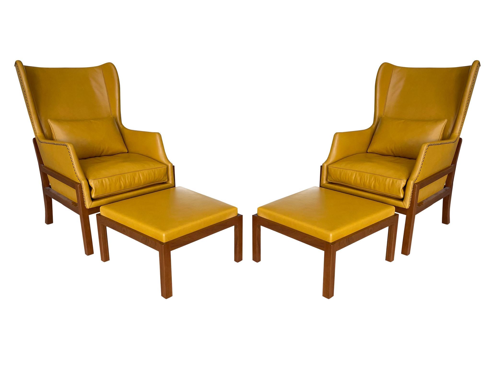 Hand-Crafted Mid-Century Wingback Armchair With Ottoman in the Style of Mogens Koch For Sale