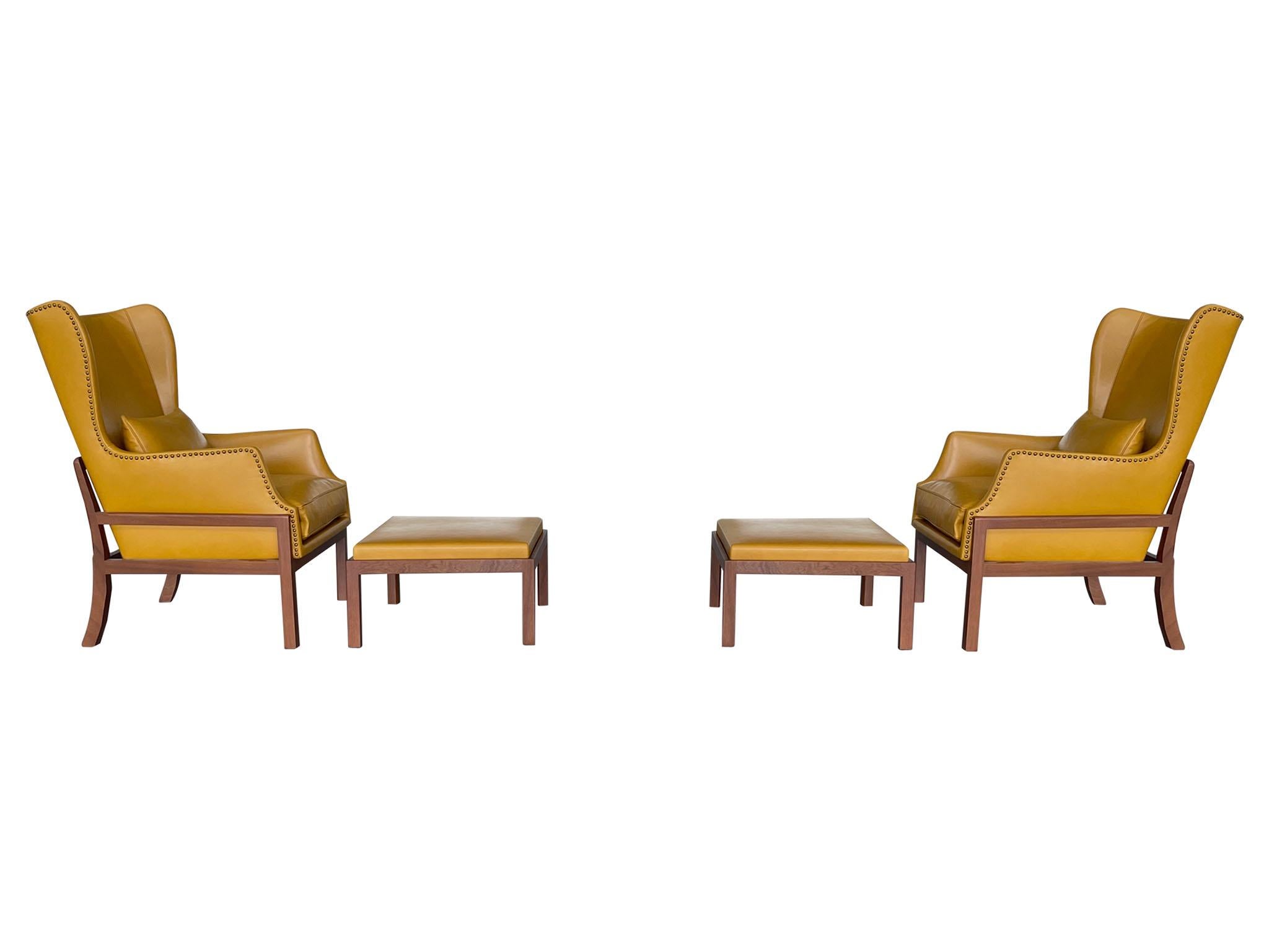 Mid-Century Wingback Armchair With Ottoman in the Style of Mogens Koch In Excellent Condition For Sale In New York, NY