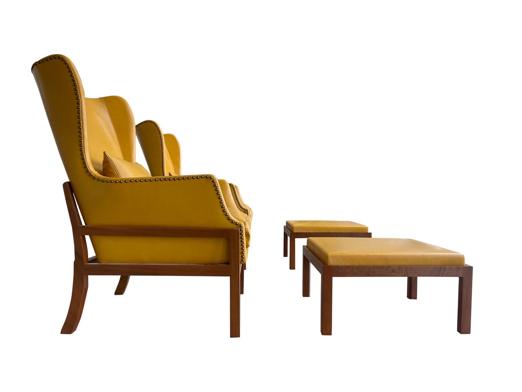 Contemporary Mid-Century Wingback Armchair With Ottoman in the Style of Mogens Koch For Sale