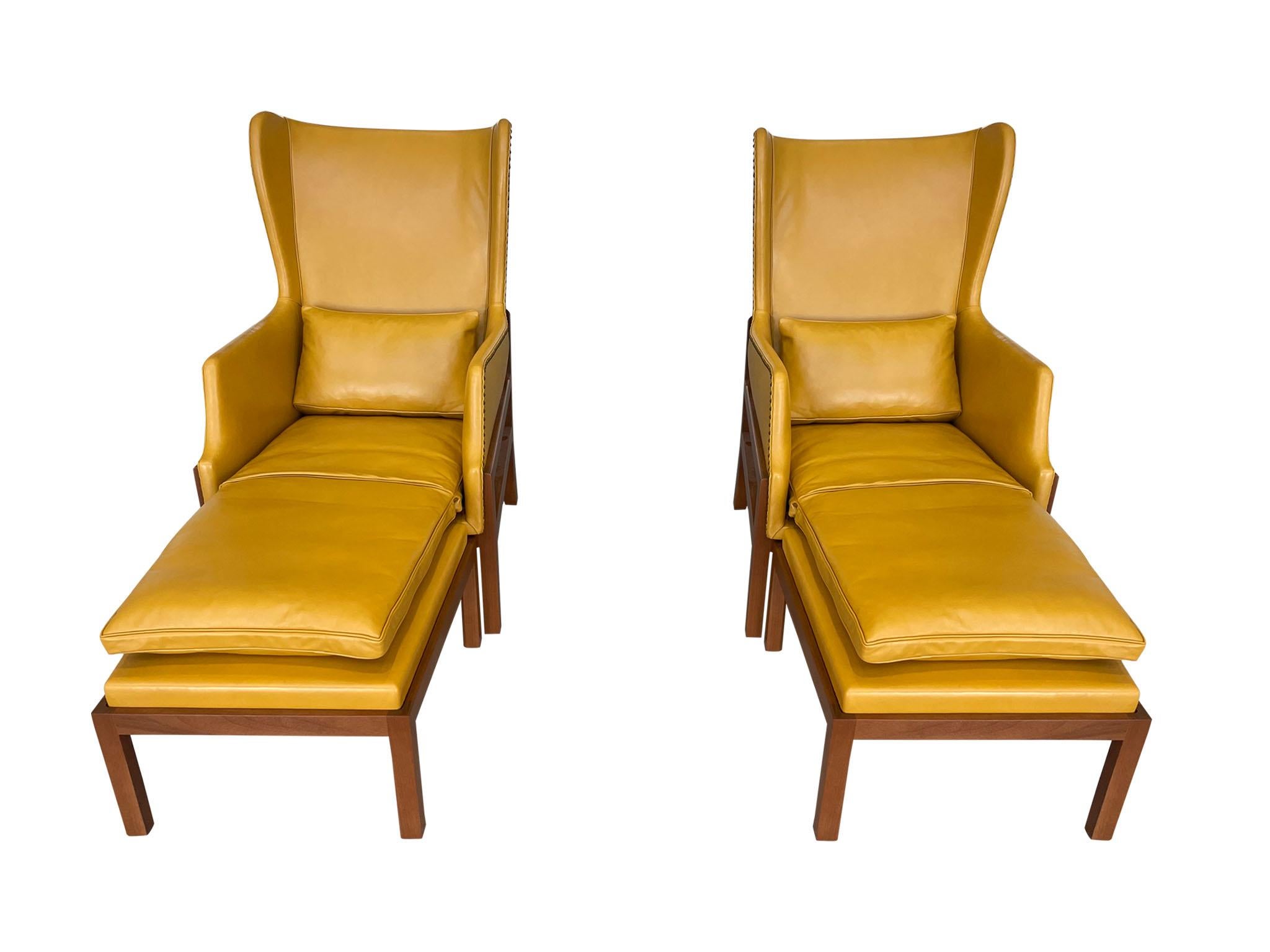 Brass Mid-Century Wingback Armchair With Ottoman in the Style of Mogens Koch For Sale