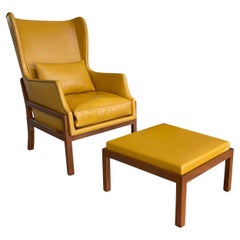 Mid-Century Wingback Armchair With Ottoman in the Style of Mogens Koch