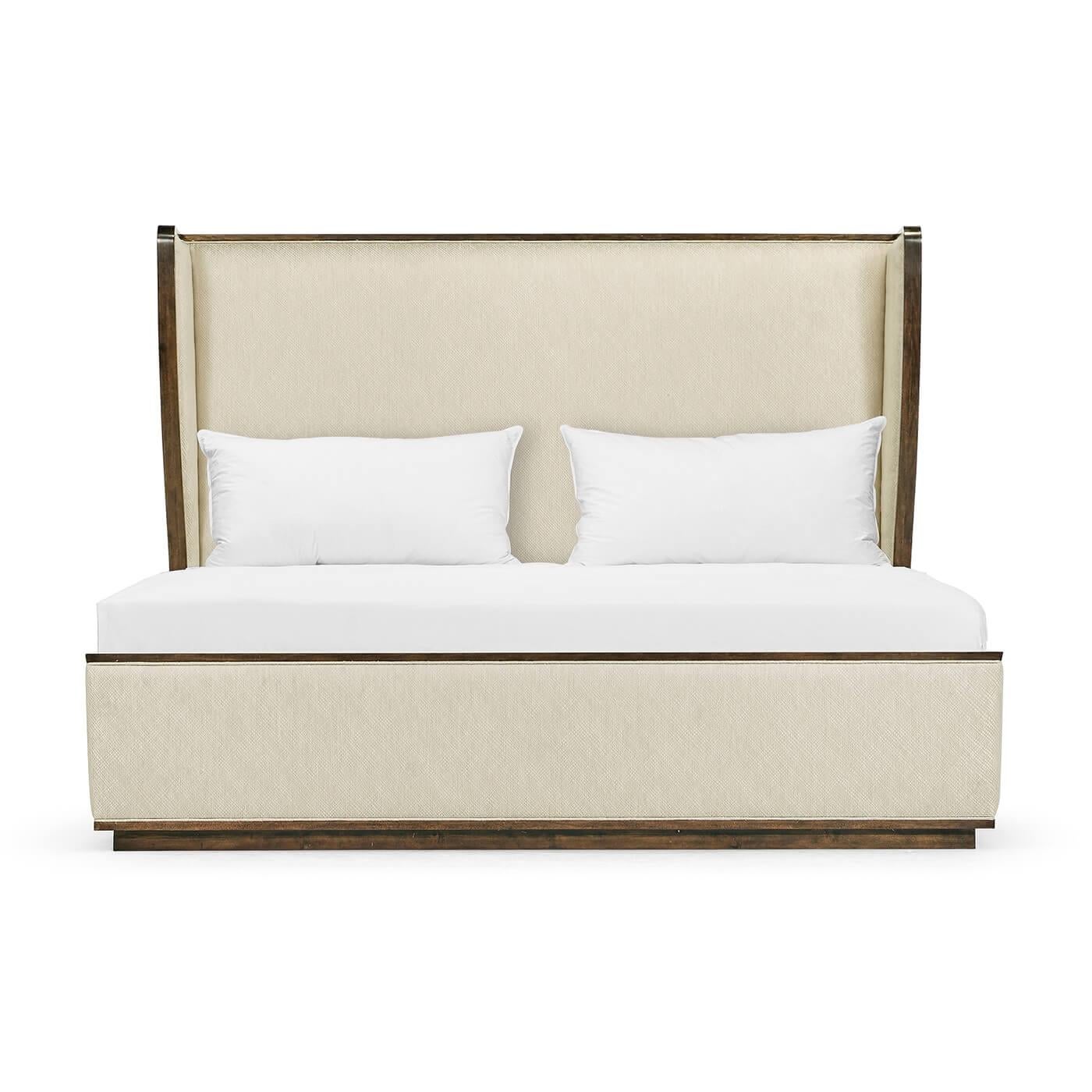 Mid-Century Modern style winged back king size bed, with a hand-rubbed American walnut frame, over upholstered headboard, wings, side rails and footboard.

Dimensions: 85 1/8