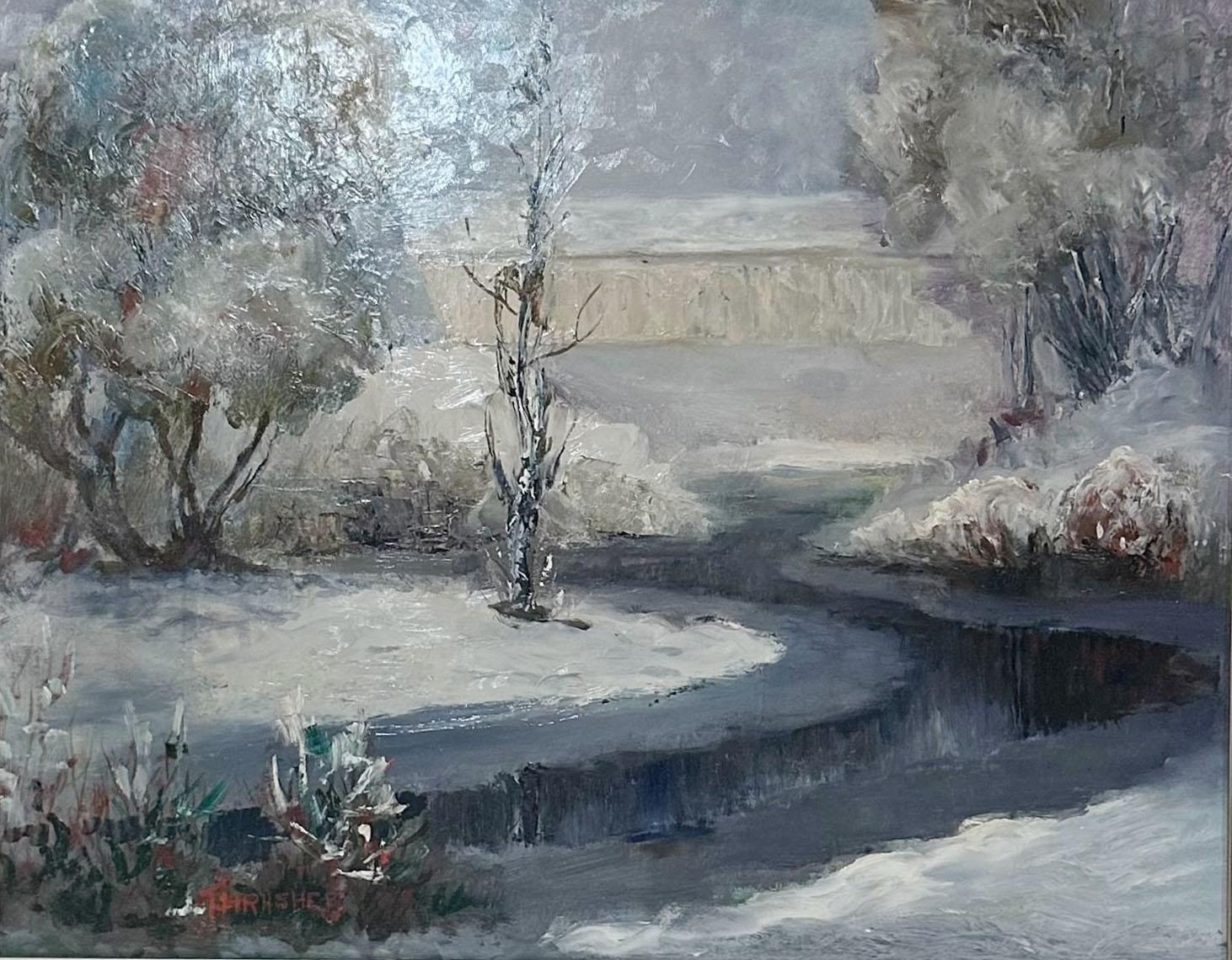 A serene winter landscape by Texas artist J.W. Thrasher, rendered in oil on board with a distinctly mid century sensibility. Thrasher’s brushwork is both expressive and restrained, offering a beautifully balanced composition that reflects his