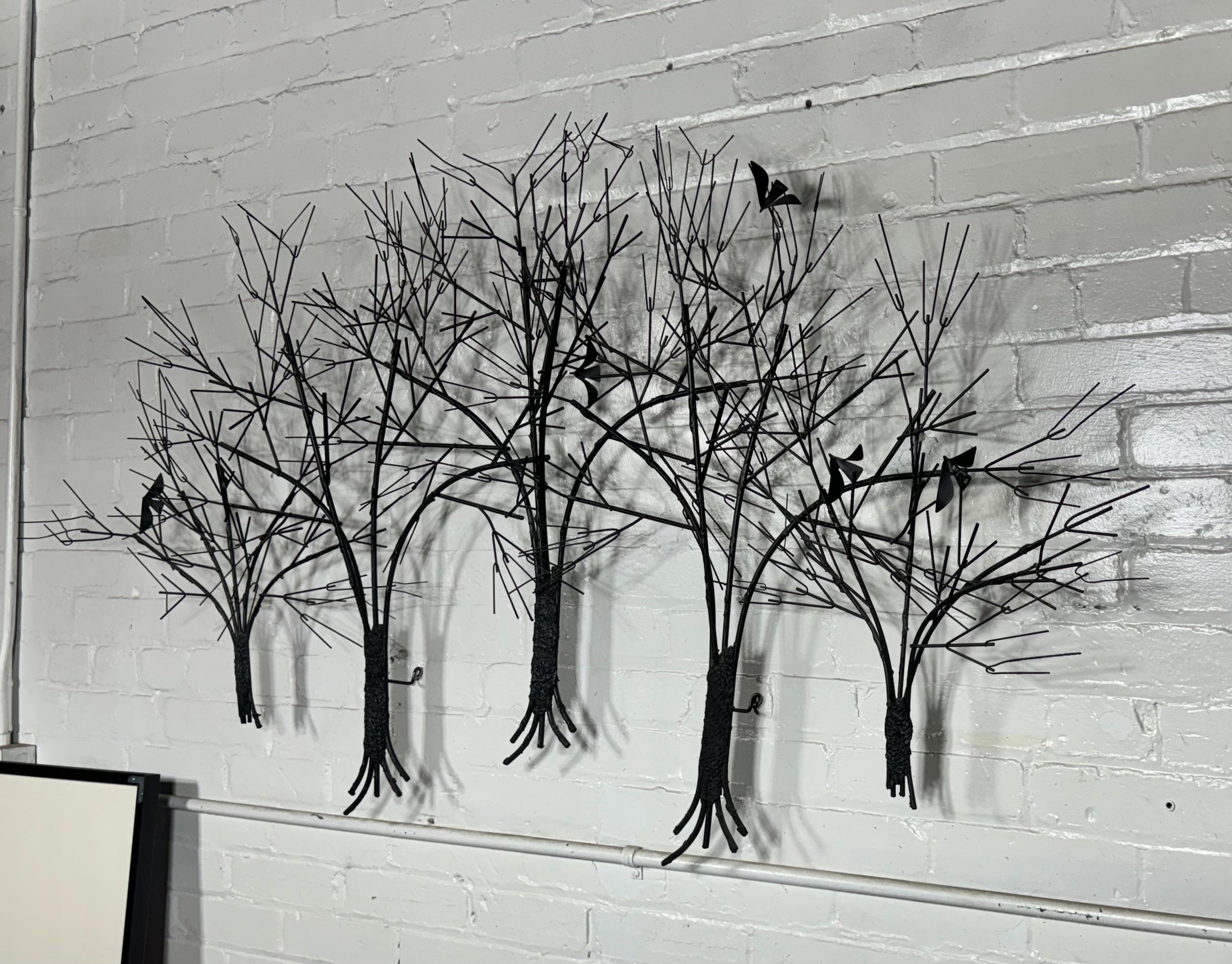 So much depth to this beautiful mid-century C. Jere wall hanging. Depicting 
 5 Winter Trees / birds  in a nice dimensional art wall hanging. Black finish. Classic Mid Century Modern Design.. Signed and dated.. 1969, 