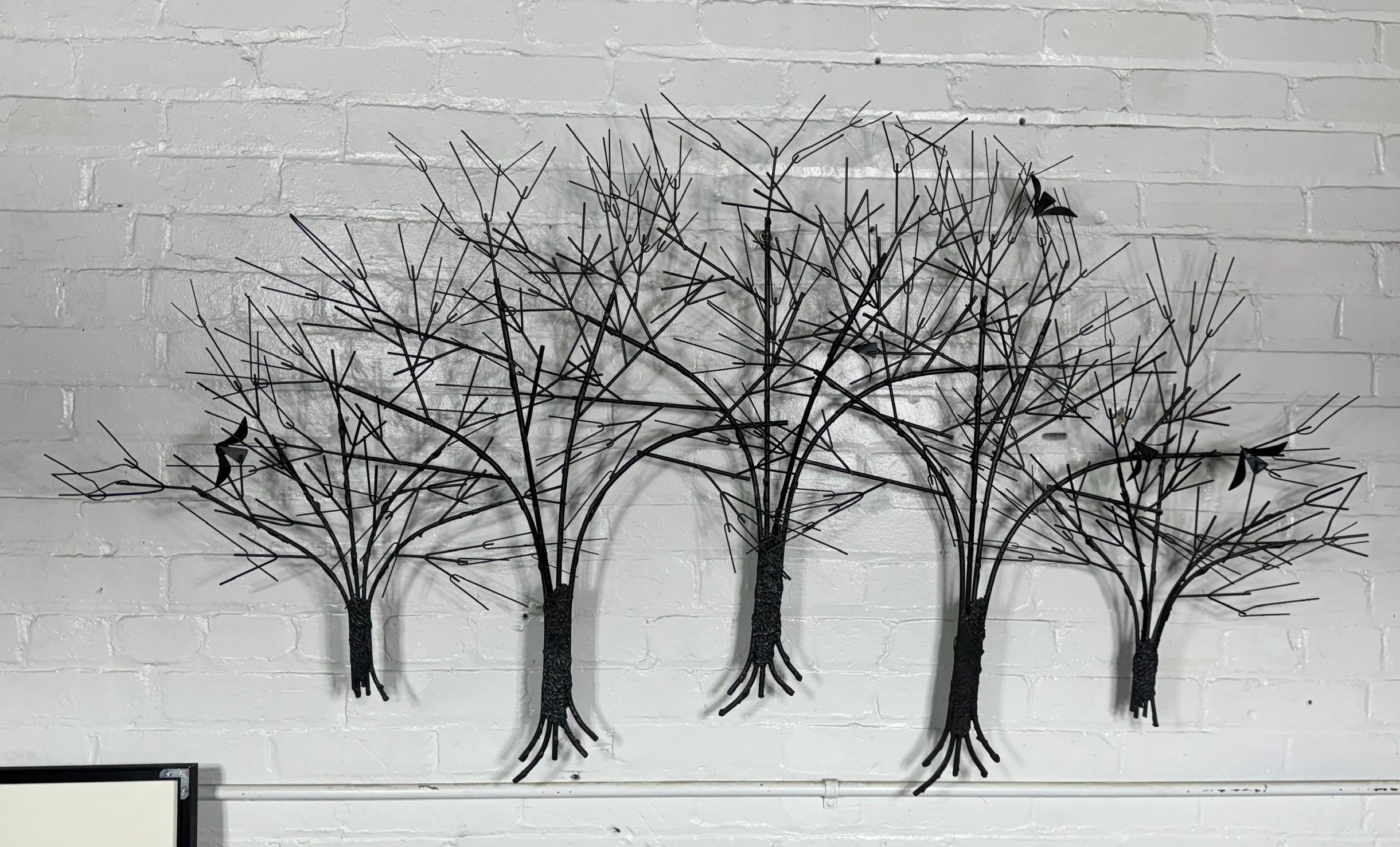 Metal Mid-Century Winter Trees with Birds  Wall Sculpture by C Jere c 1969