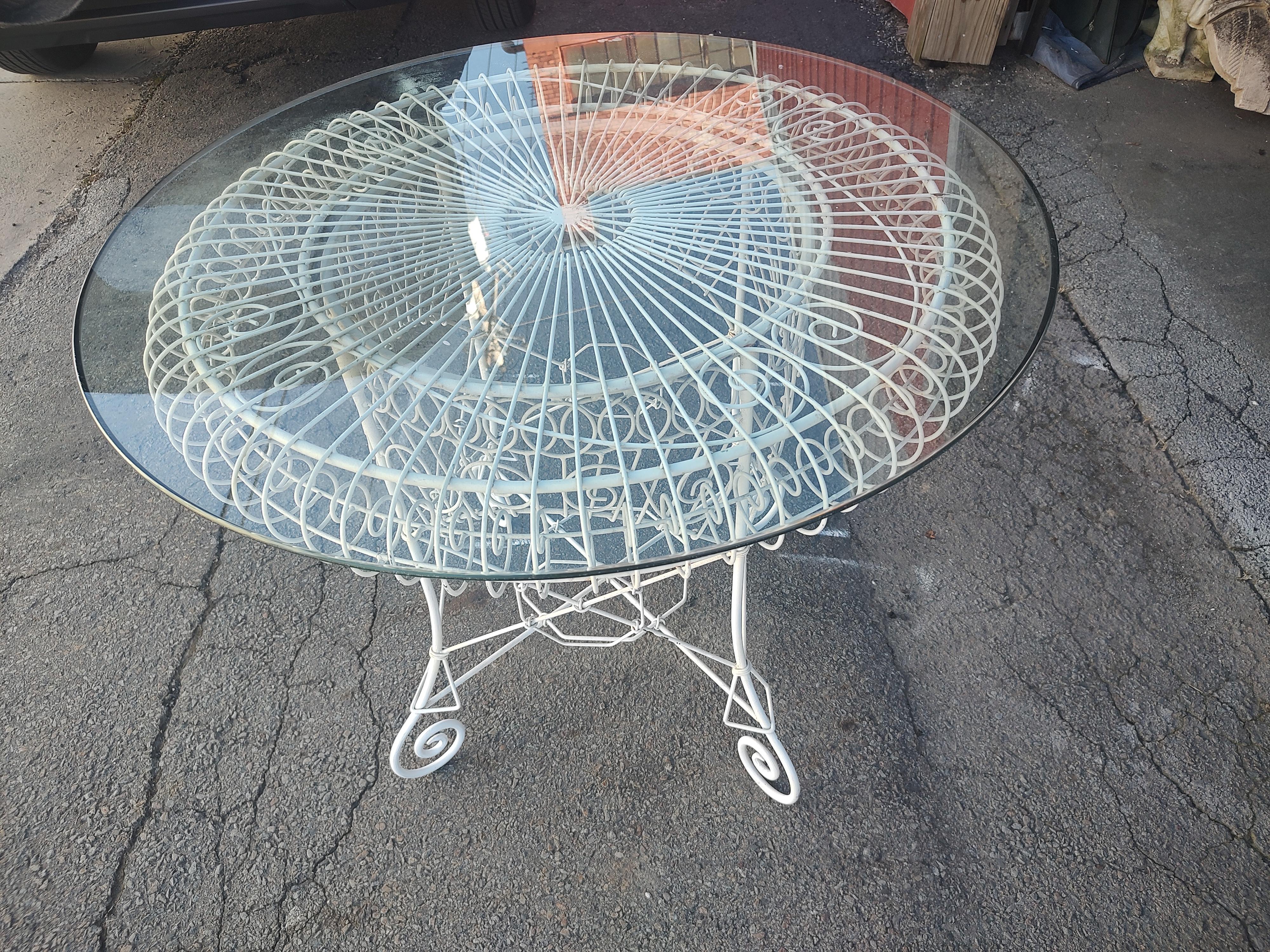 Paint Mid Century Wire Garden Patio Dining Table With Glass Top For Sale