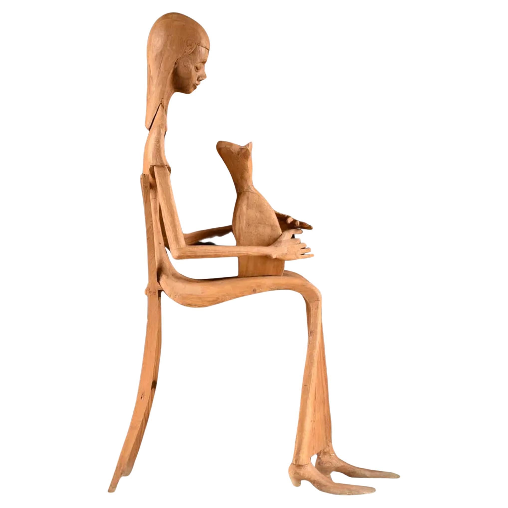 Mid Century Woman with Cat sitting on Chair solid joined wood sculpture