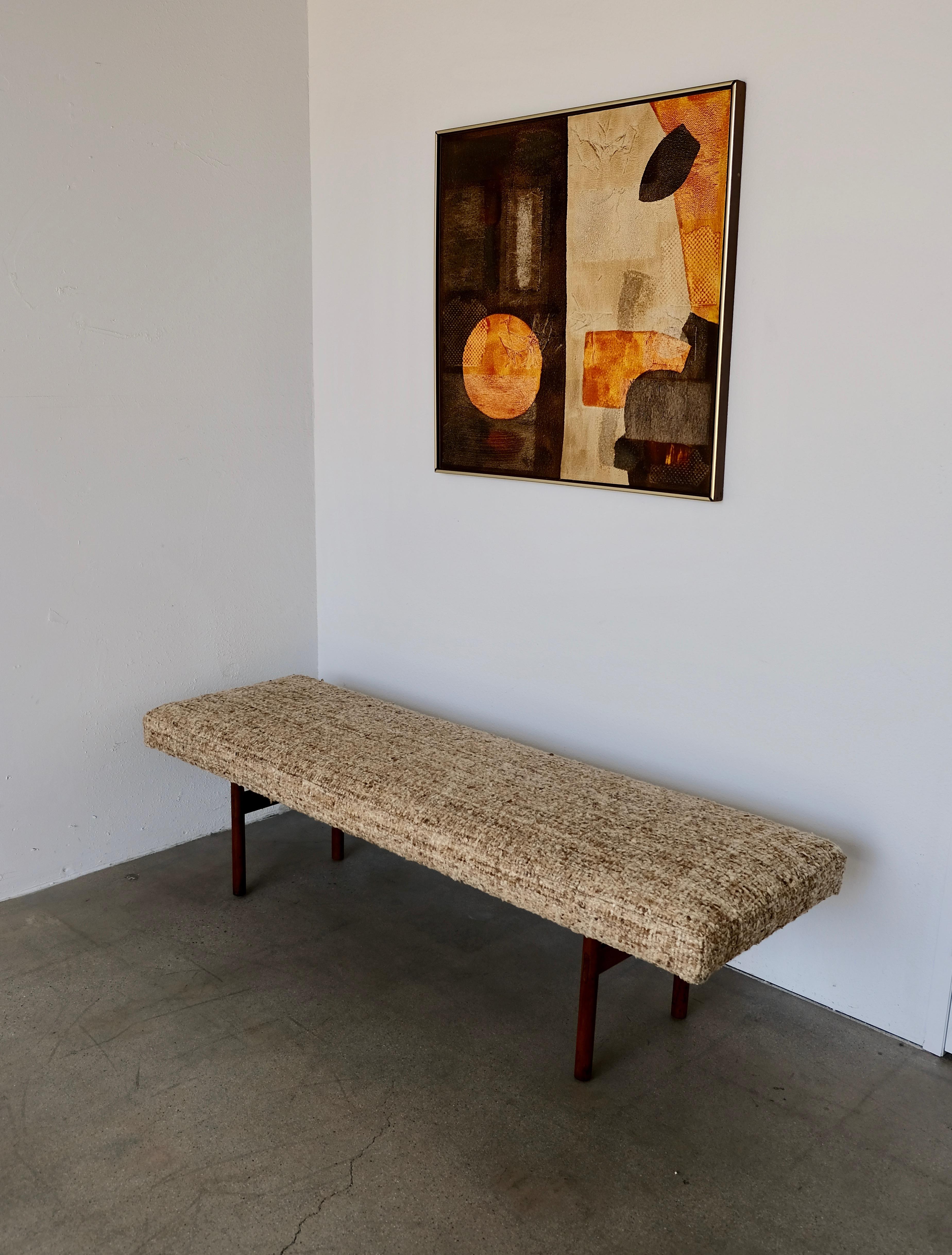 Midcentury Wood and Aluminum Bench with Woven Nubby Natural Tweed Fabric 6