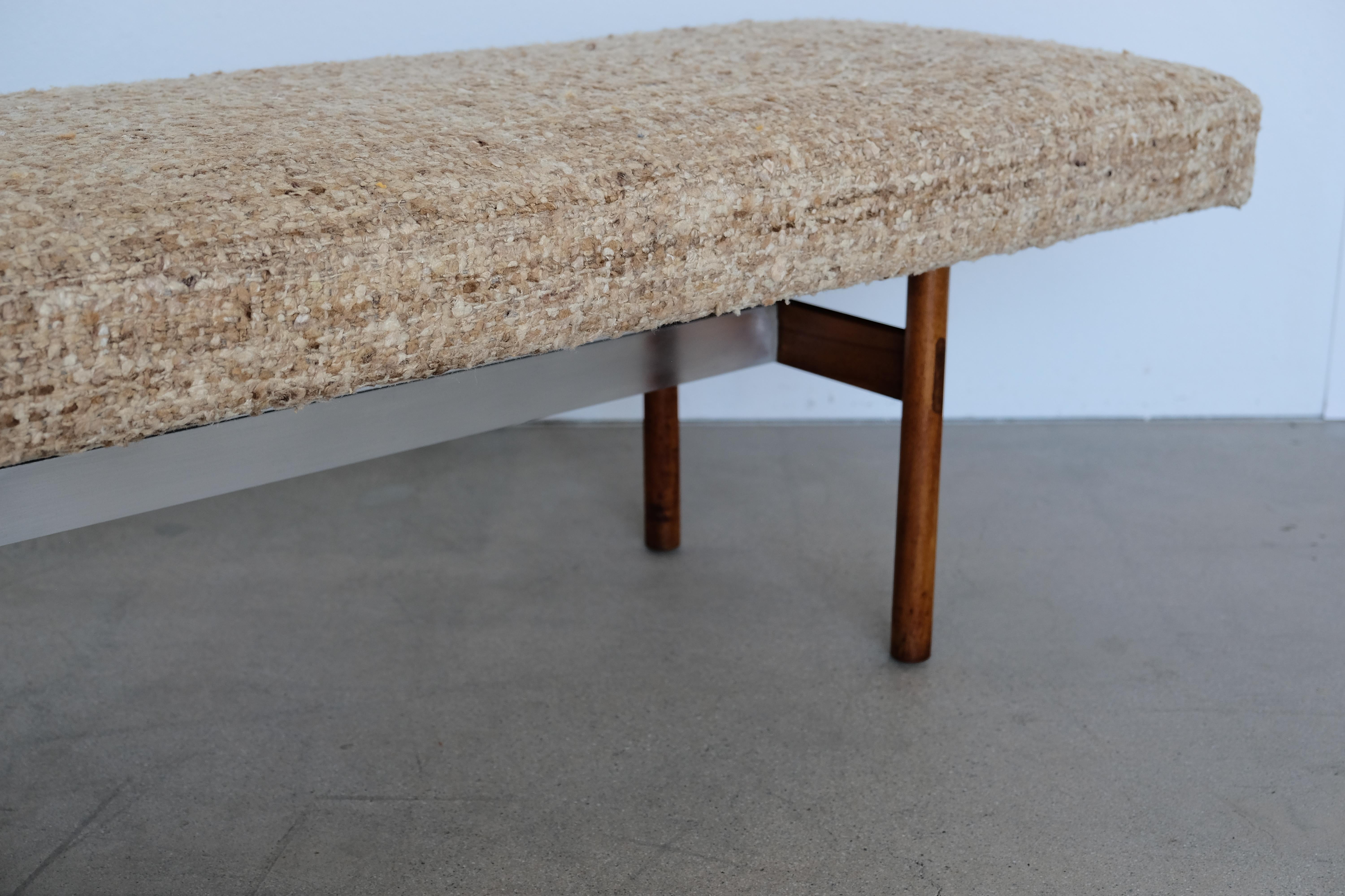 Midcentury Wood and Aluminum Bench with Woven Nubby Natural Tweed Fabric 7