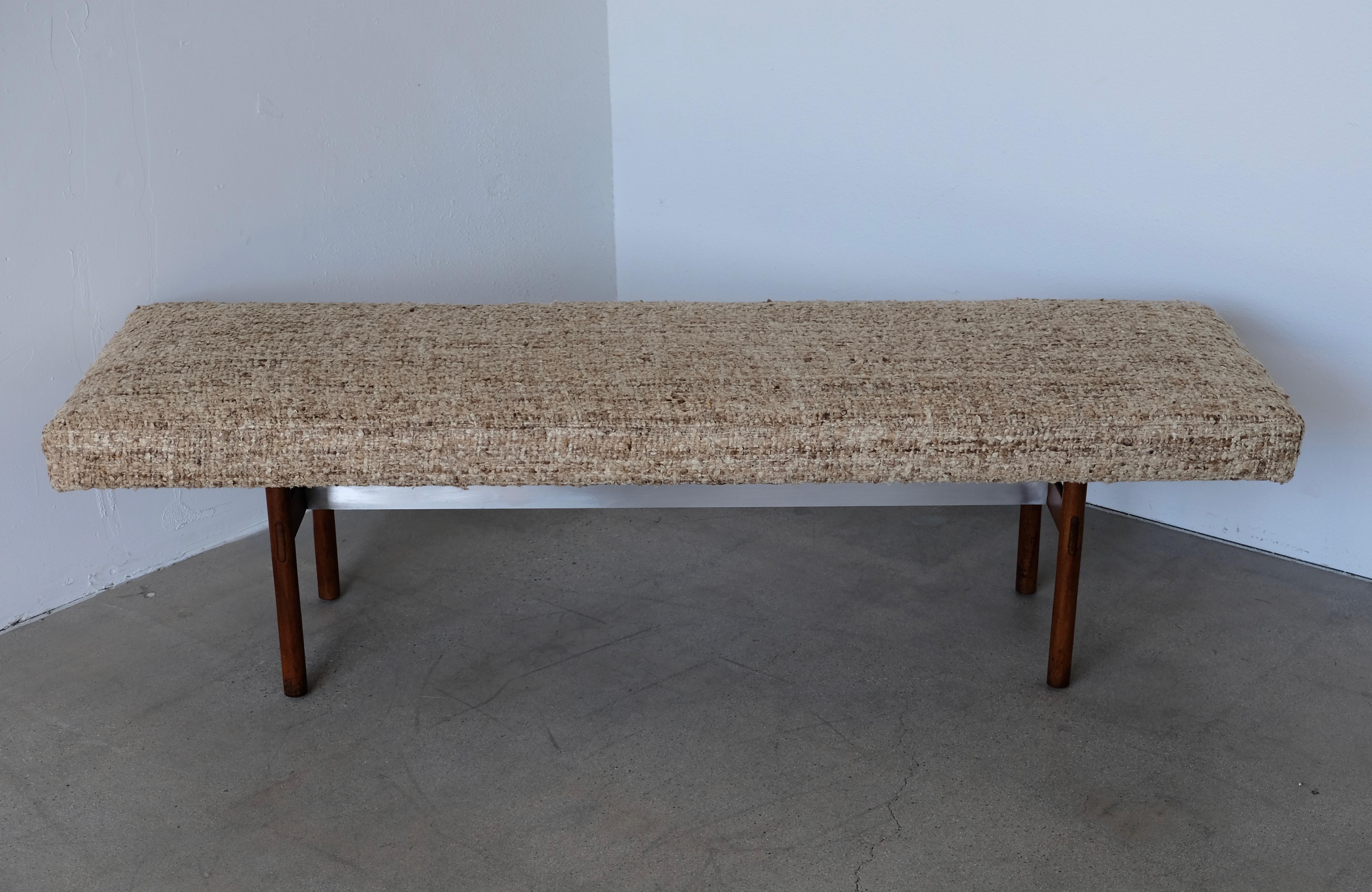 Midcentury Wood and Aluminum Bench with Woven Nubby Natural Tweed Fabric 9