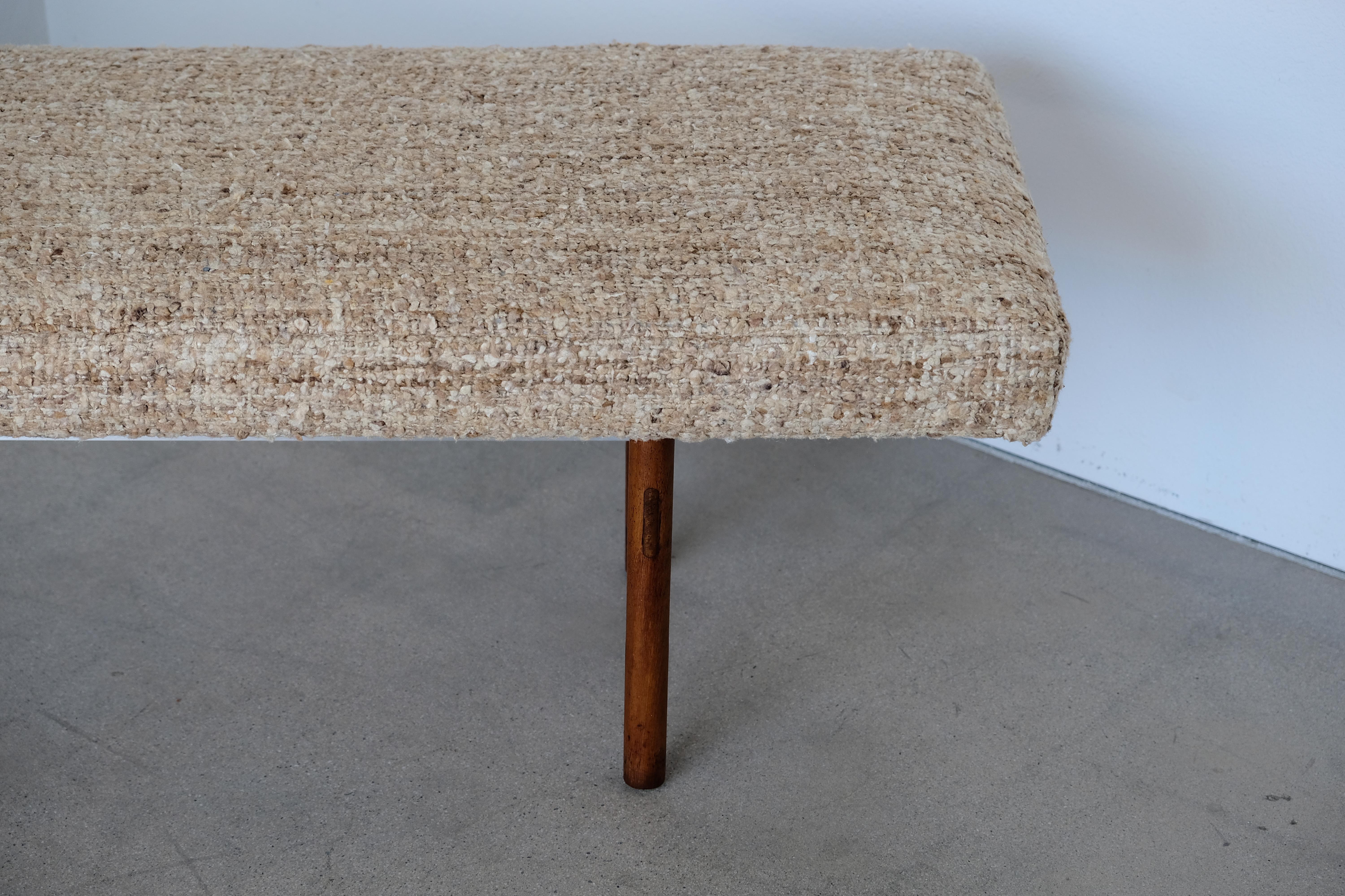 Midcentury Wood and Aluminum Bench with Woven Nubby Natural Tweed Fabric 10