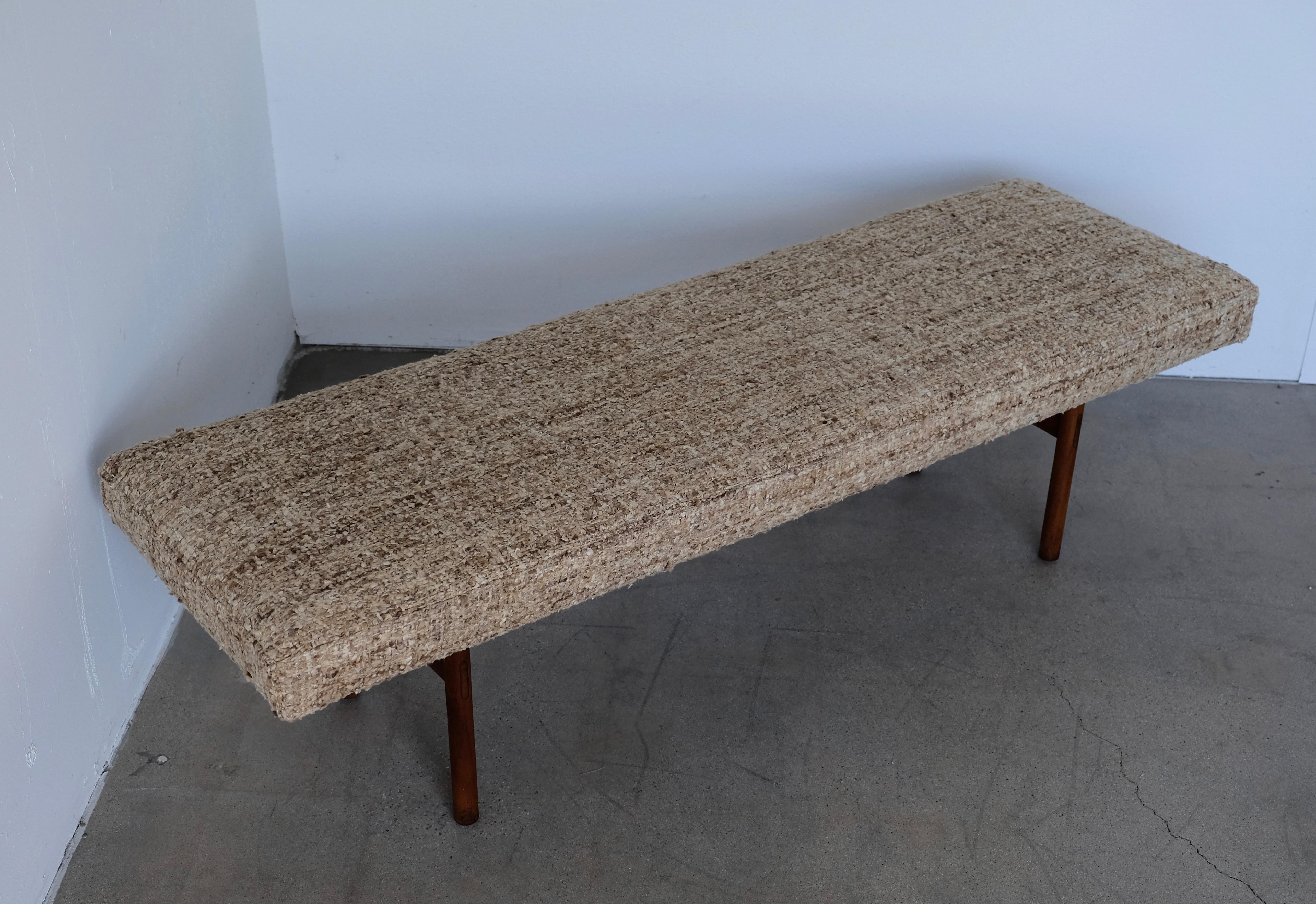 Midcentury Wood and Aluminum Bench with Woven Nubby Natural Tweed Fabric 11