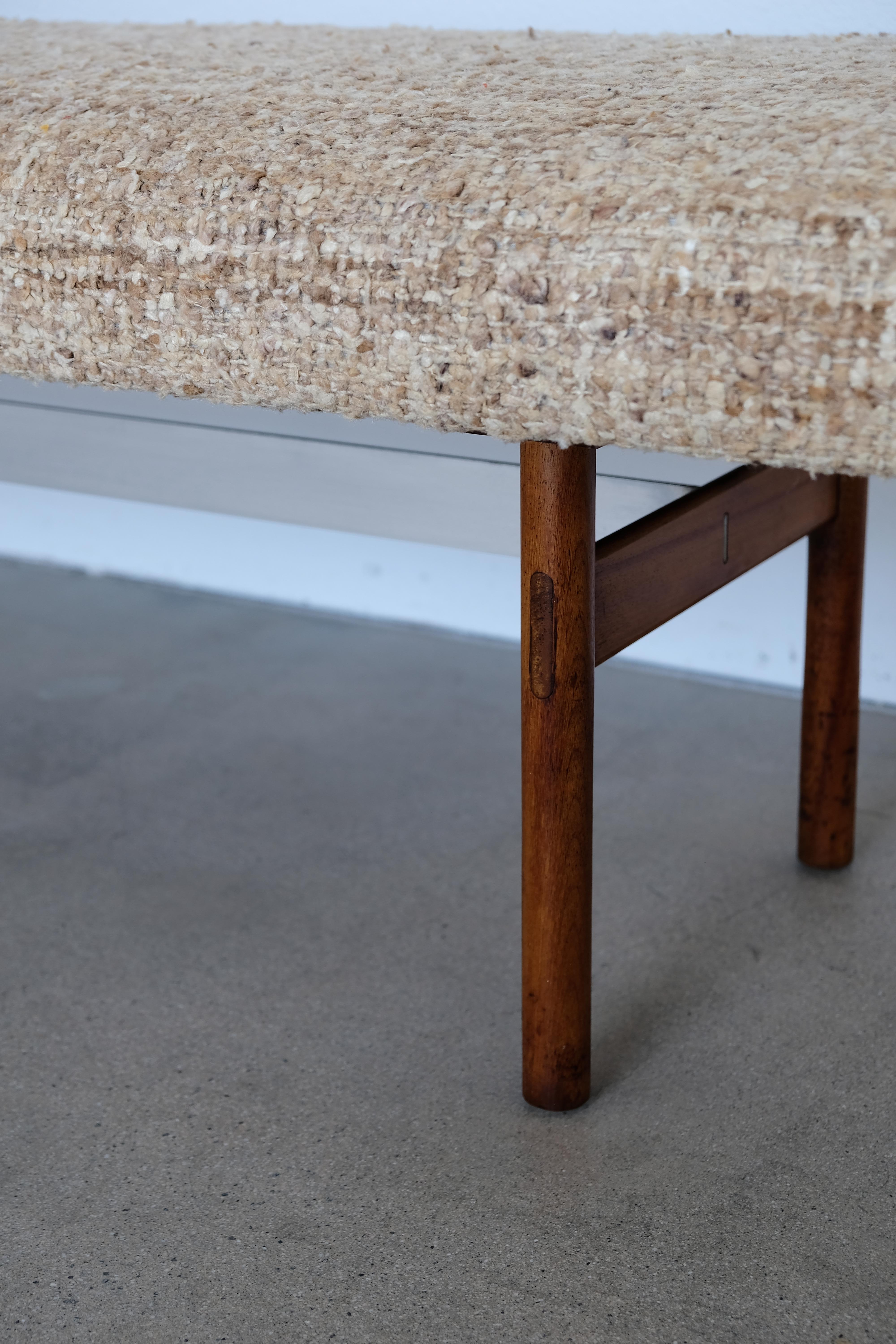 American Midcentury Wood and Aluminum Bench with Woven Nubby Natural Tweed Fabric