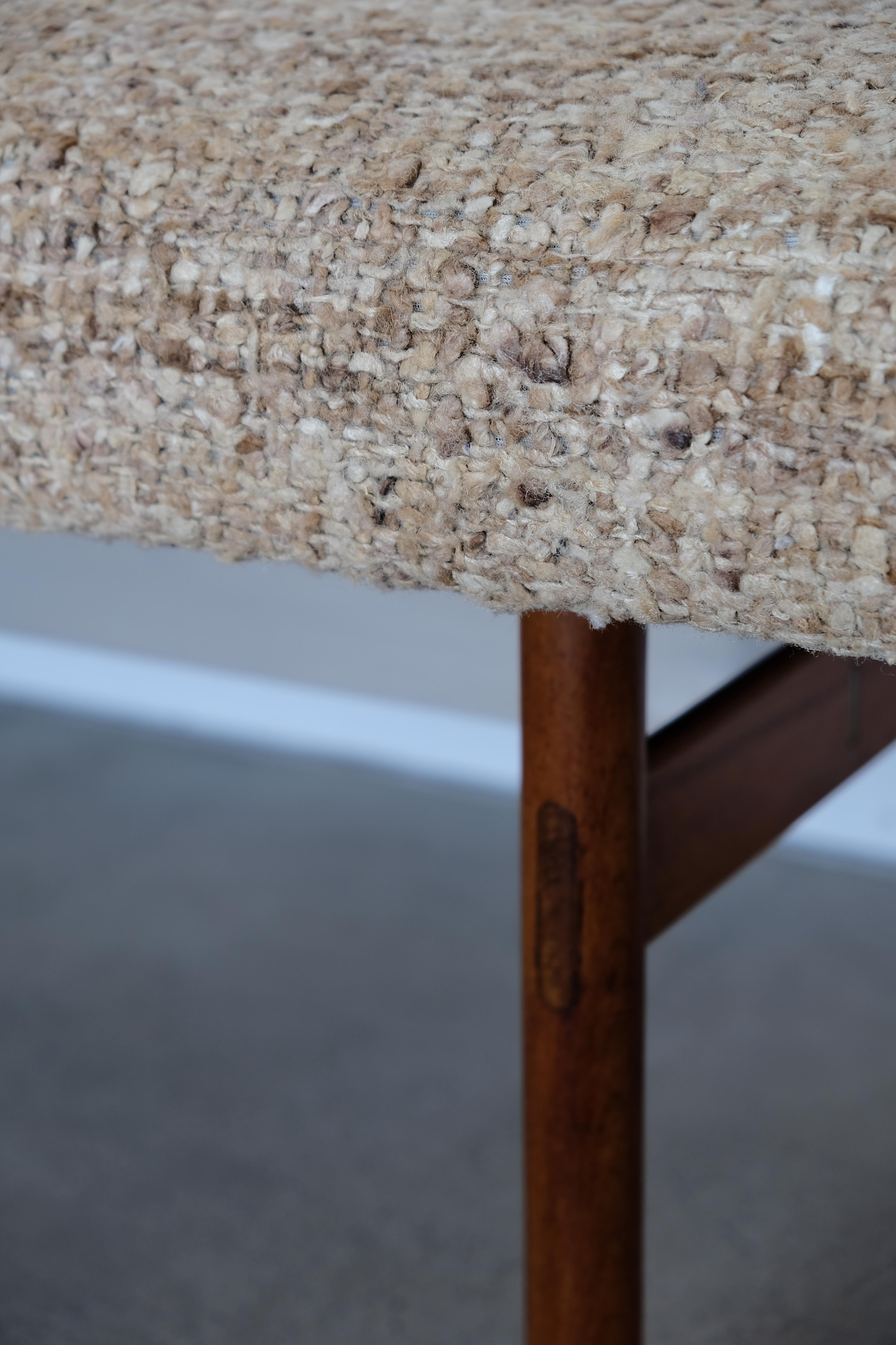 Midcentury Wood and Aluminum Bench with Woven Nubby Natural Tweed Fabric In Good Condition In Palm Springs, CA