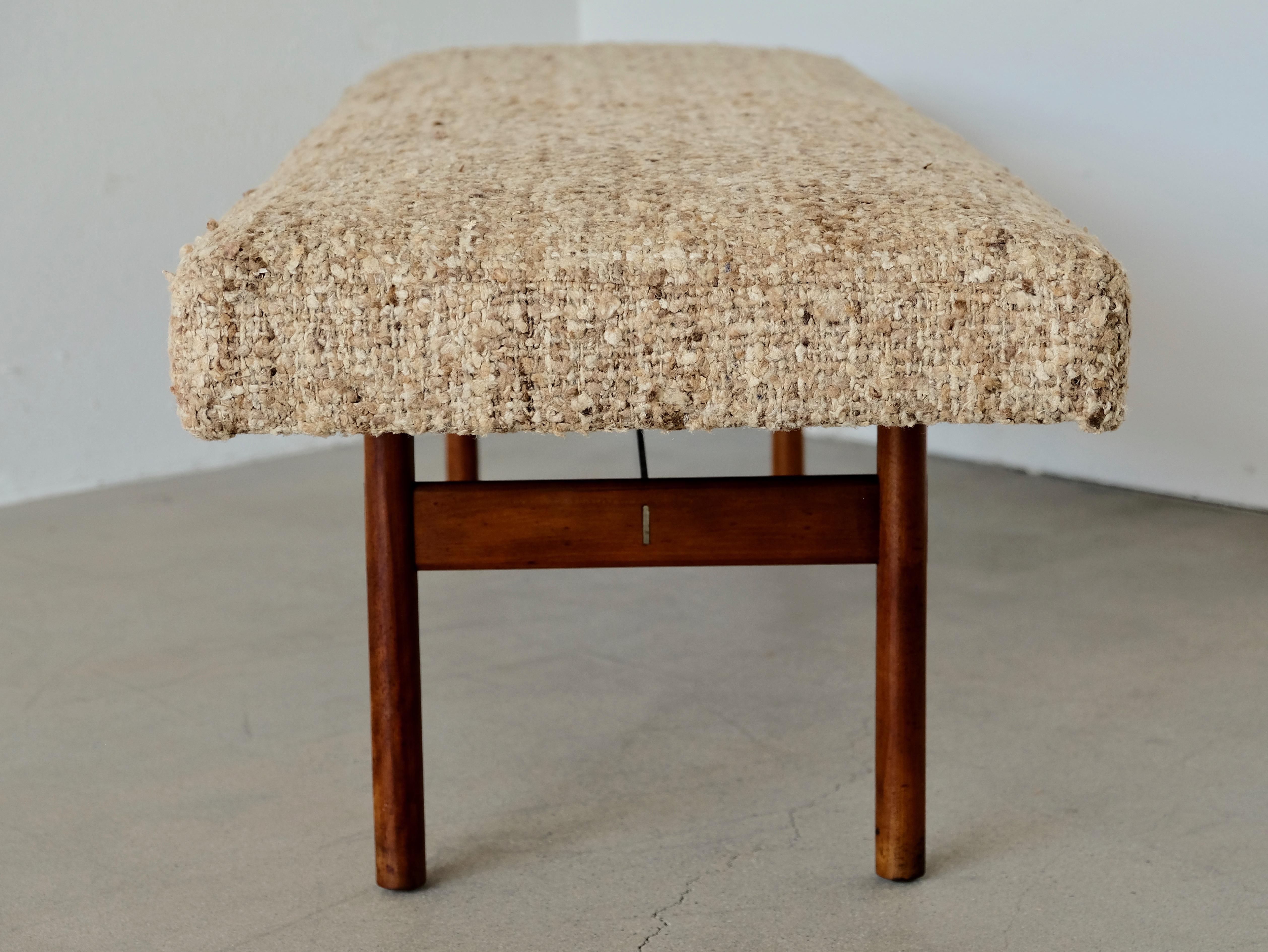20th Century Midcentury Wood and Aluminum Bench with Woven Nubby Natural Tweed Fabric