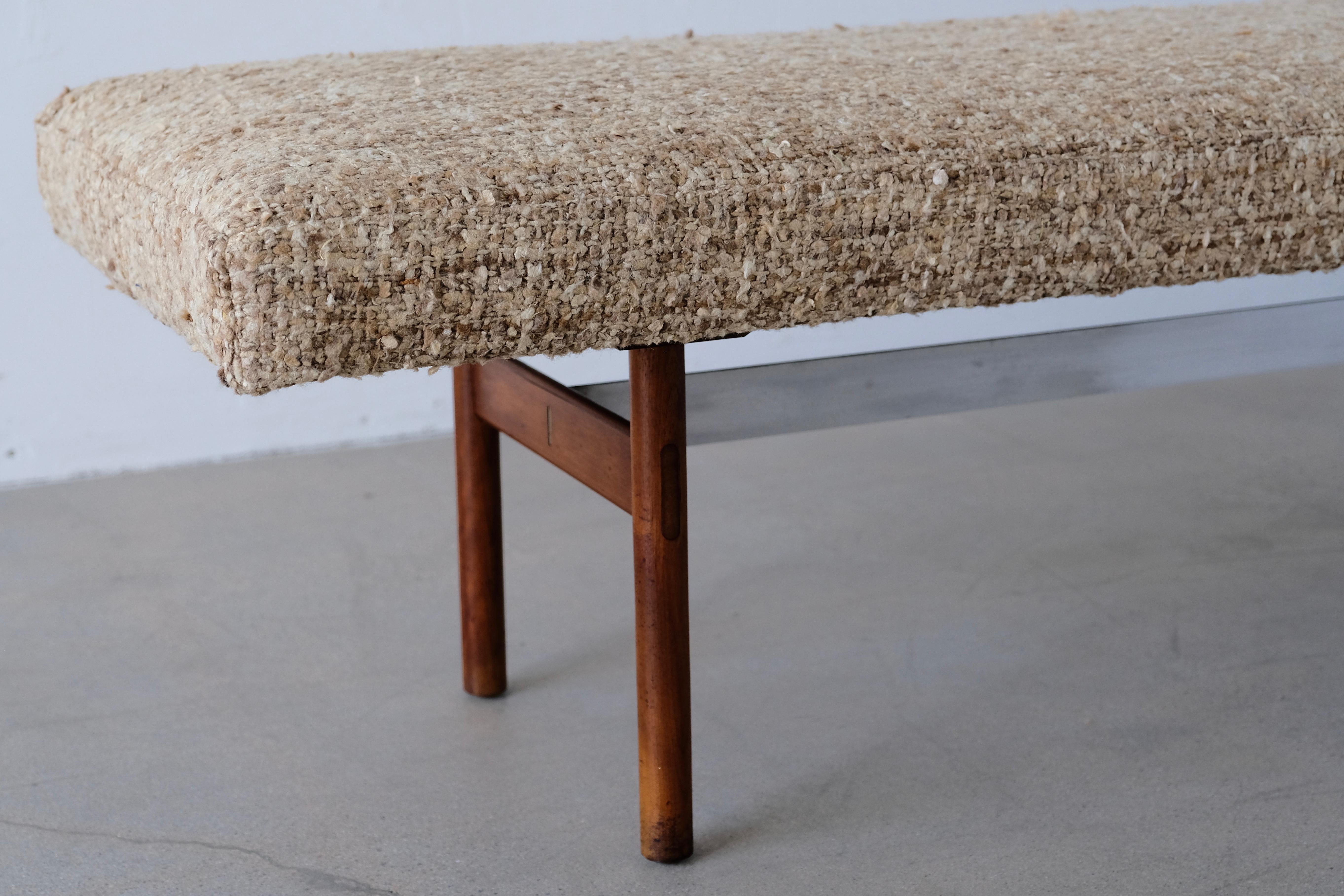 Midcentury Wood and Aluminum Bench with Woven Nubby Natural Tweed Fabric 2