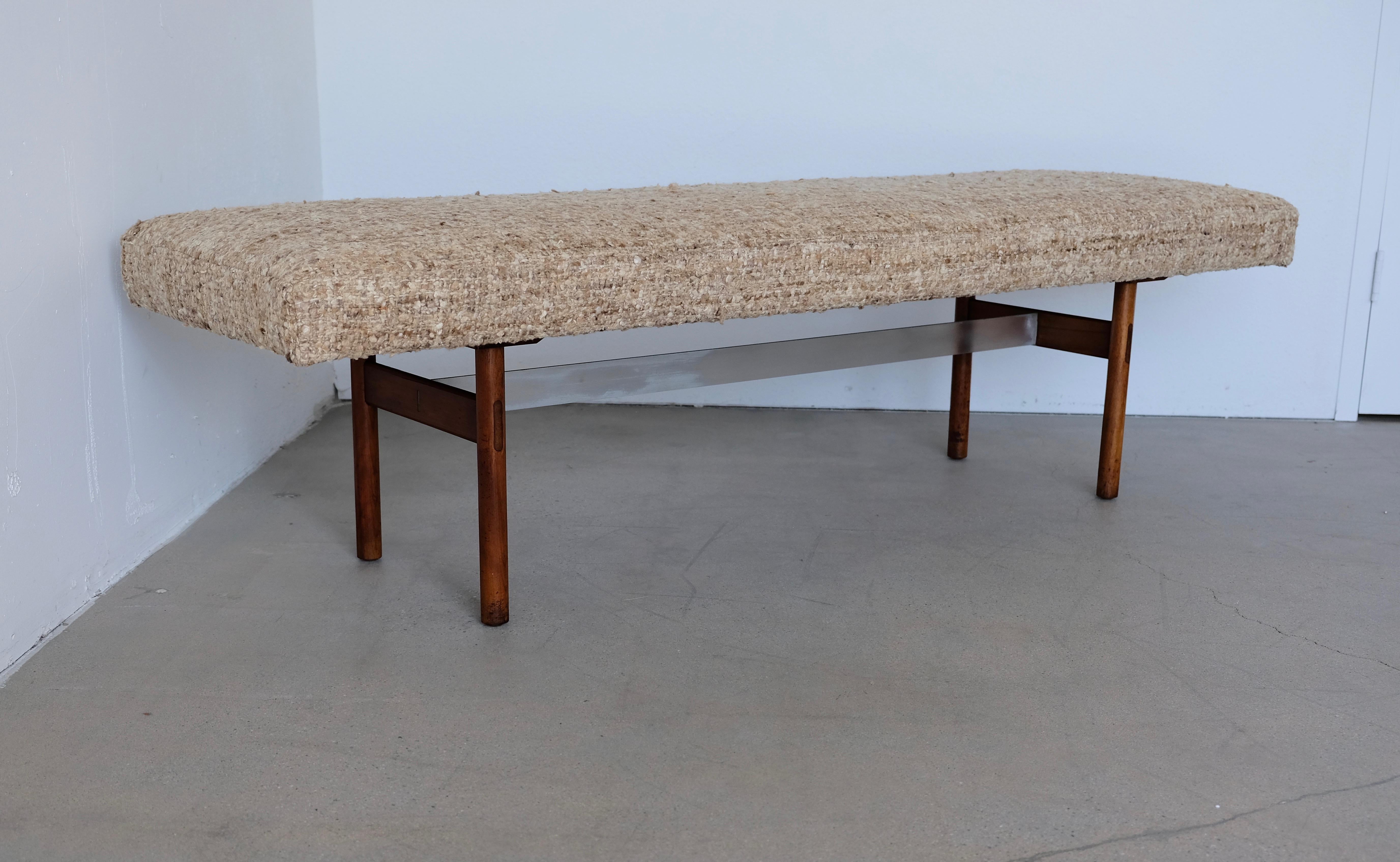 Midcentury Wood and Aluminum Bench with Woven Nubby Natural Tweed Fabric 3