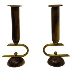 Mid Century Wood and Brass Arabesque Sculptural Candle Holders