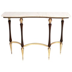 Midcentury Wood and Brass Console Table with Carrara Marble Top, Italy, 1950s